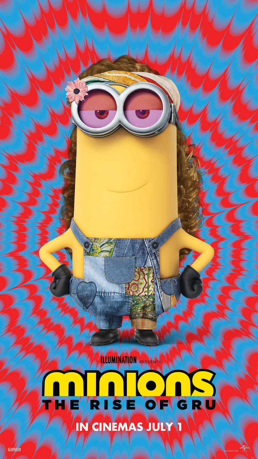 gru 桌布 壁紙 — 一個黃色的Minion，有捲髮和護目鏡，自信地站在迷幻的紅色和藍色漩渦背景前。