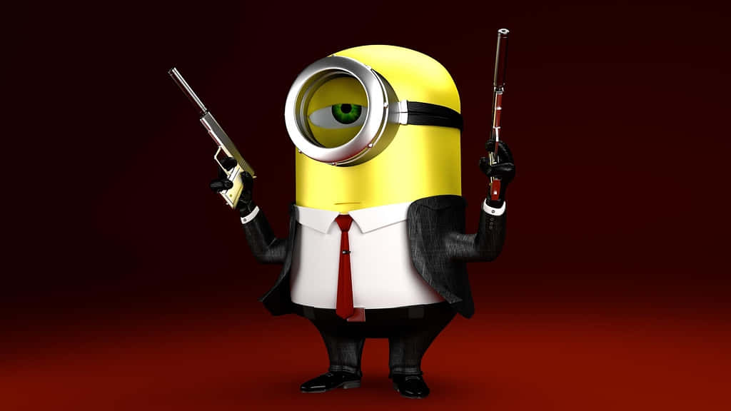 小黃人 桌布 壁紙 — 一個黃色的Minion，穿著黑色西裝和紅色領帶，在深紅色漸層背景前拿著兩把手槍。