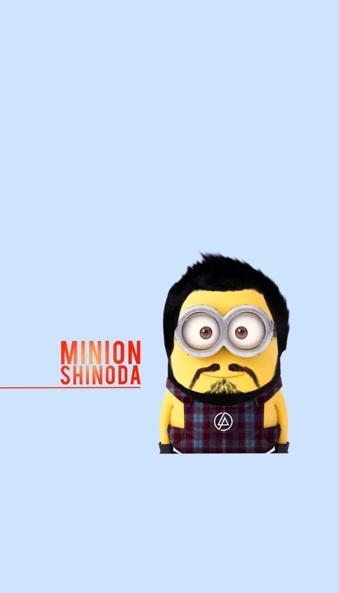 黃色Minion，黑色頭髮和鬍子，穿著格子吊帶褲和眼鏡。 — iPhone 14 壁紙