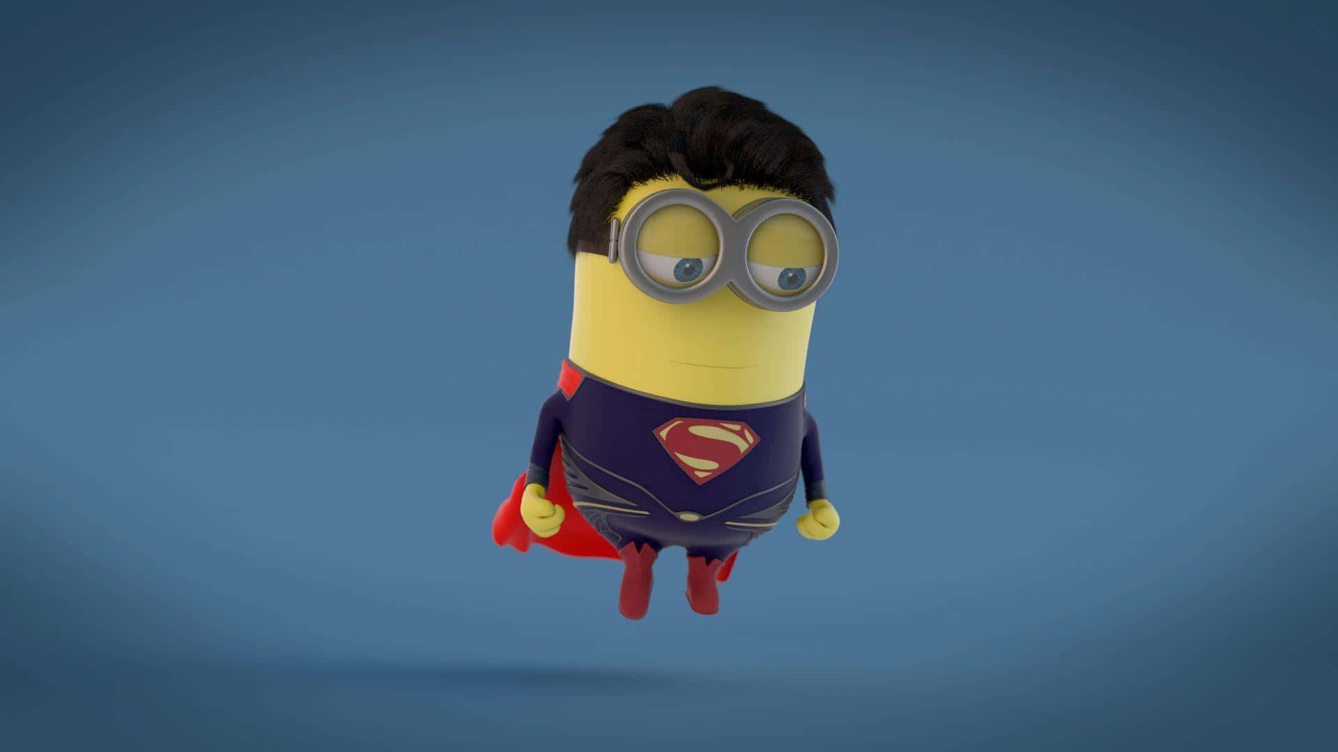 Minion 桌布 壁紙 — 一個黃色的Minion穿著超人服裝在漸變藍色背景上漂浮。