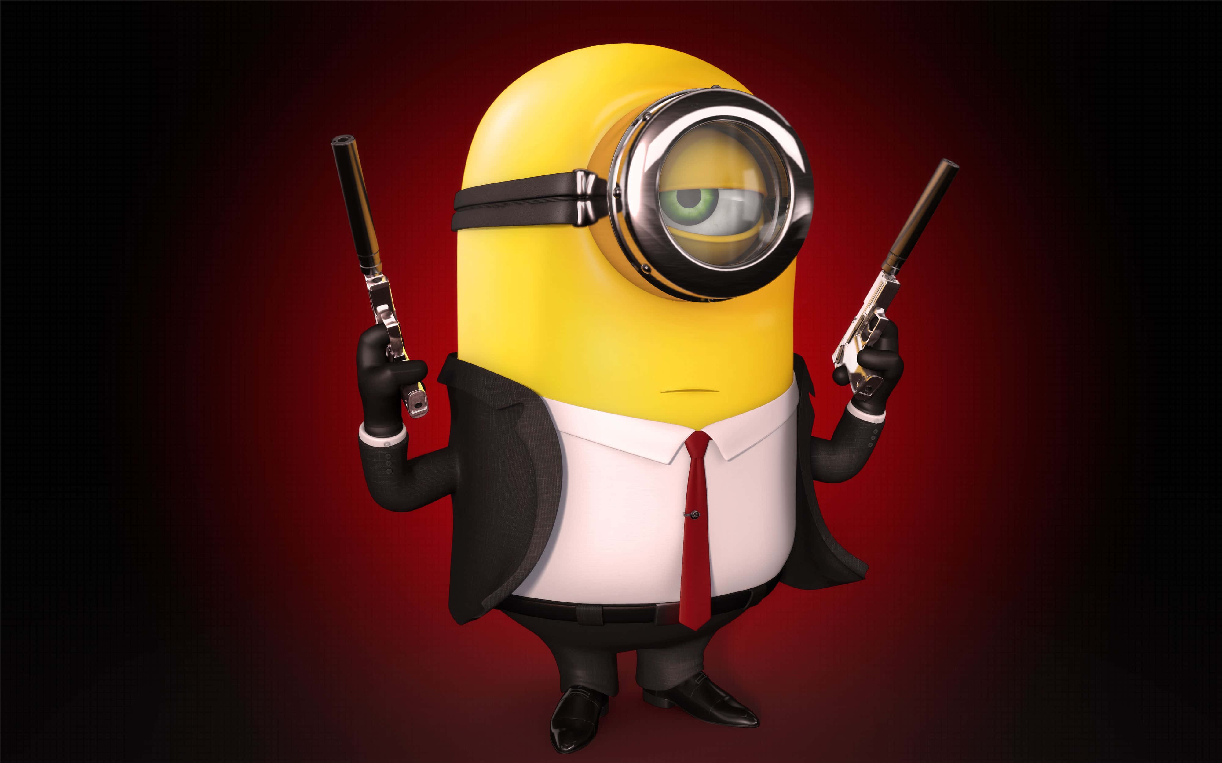 小黃人 桌布 壁紙 — 一個黃色的Minion穿著黑色西裝和紅色領帶，在深紅色漸變背景前拿著兩把手槍。