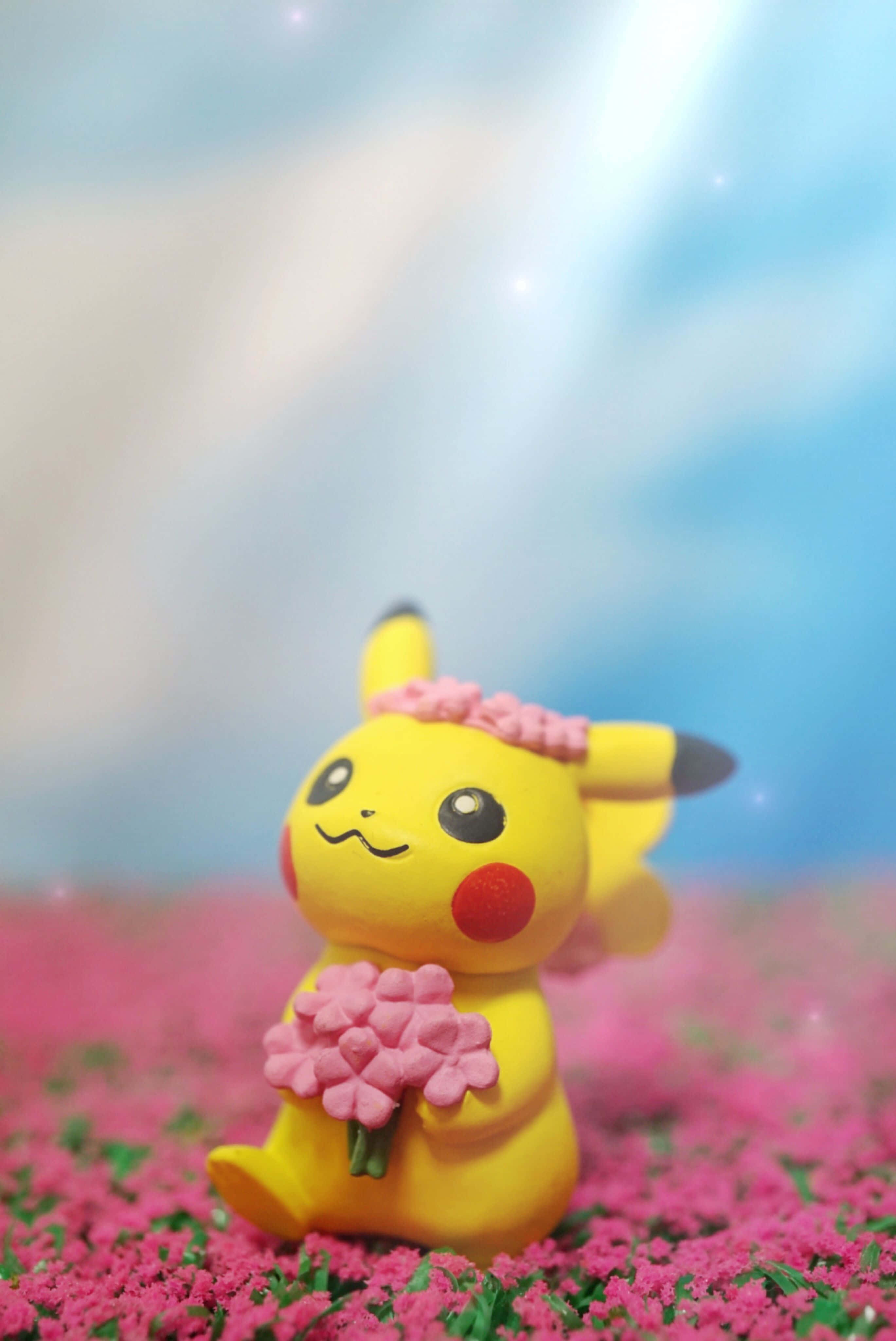 Pokemon Toys 桌布 壁紙 — 一個黃色皮卡丘公仔坐在粉紅花叢中，手持粉紅花束，背景是帶有閃爍效果的柔和藍天。