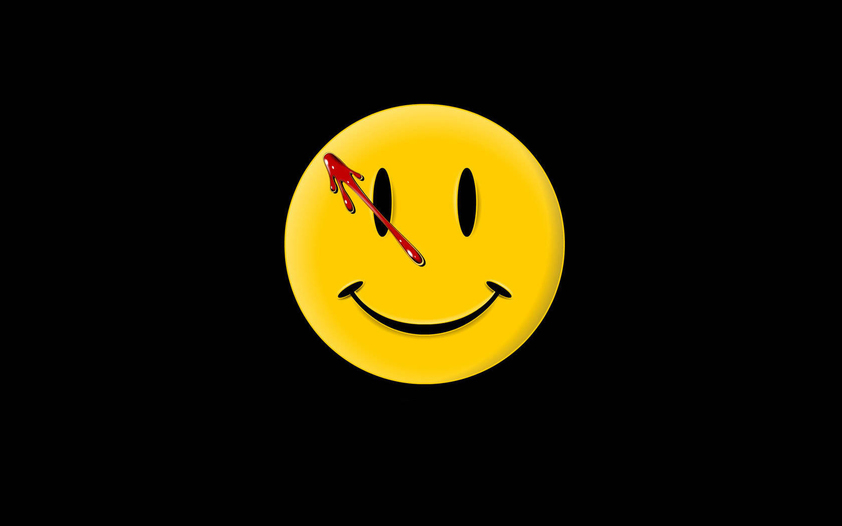 Watchmen 桌布 壁紙 — 一個黃色笑臉，其中一隻眼睛上有一道紅色血狀的劃痕，背景為黑色。