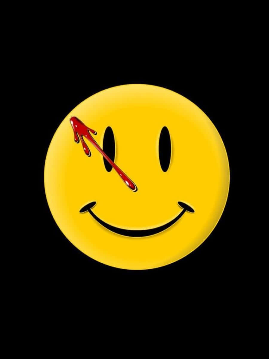 Aesthetic Smiley Face 桌布 壁紙 — 一個黃色笑臉，其中一隻眼睛上有一條紅色血狀的斜線，背景為黑色。