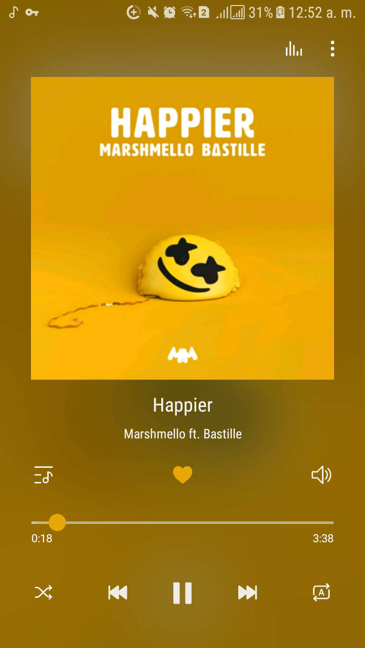 Bastille 桌布 壁紙 — 一個黃色笑臉毛絨玩具戴著黑色太陽眼鏡，坐在純黃色背景上，下方有文字 'HAPPIER MARSHMELLO BASTILLE'。