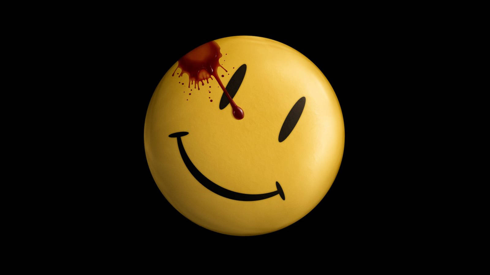 Watchmen 桌布 壁紙 — 一個黃色笑臉氣球被沾血的針刺穿，背景為黑色。