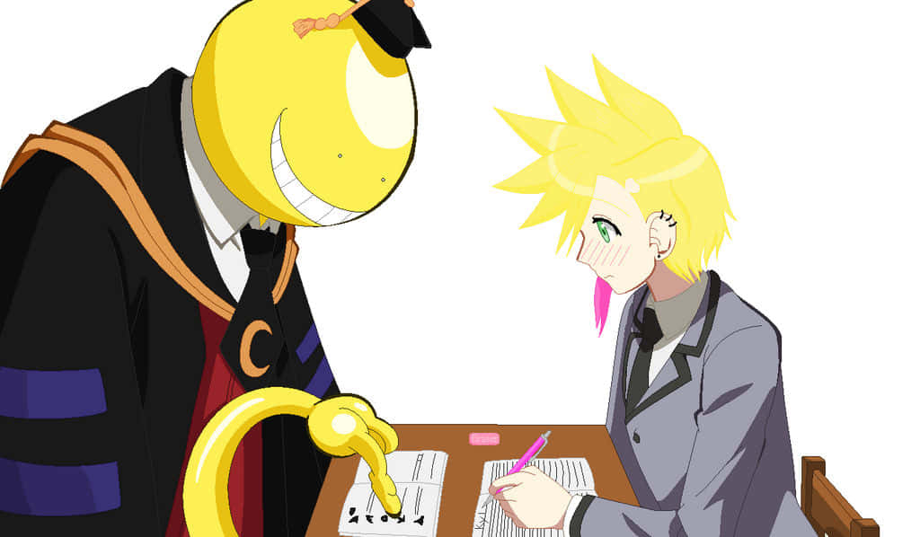Koro Sensei 桌布 壁紙 — 一個黃色笑臉角色穿著畢業袍，俯身在一張桌子上，而一位金髮學生正在用粉紅色筆寫字。