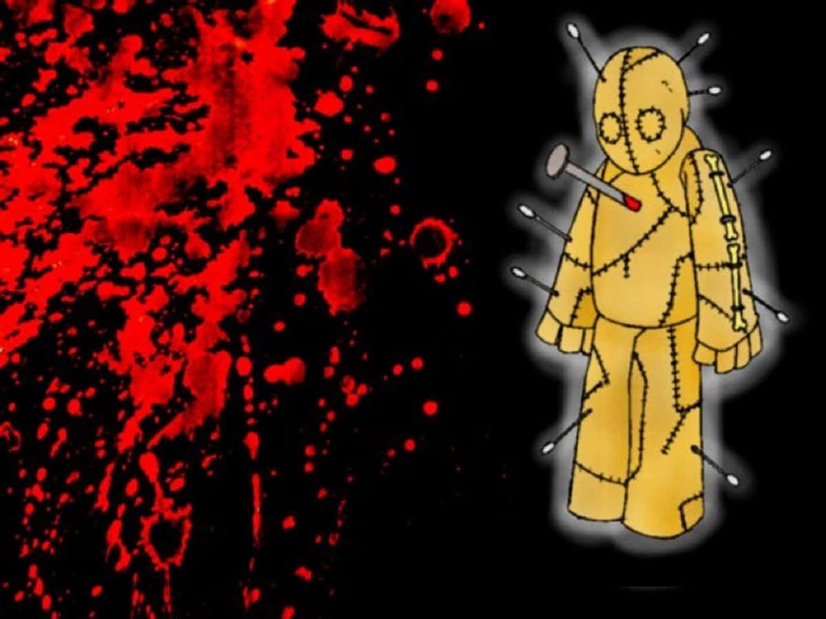 Voodoo Dolls 桌布 壁紙 — 一個黃色縫製的玩偶被針固定，站在一個濺滿紅色油漆的黑色背景前。