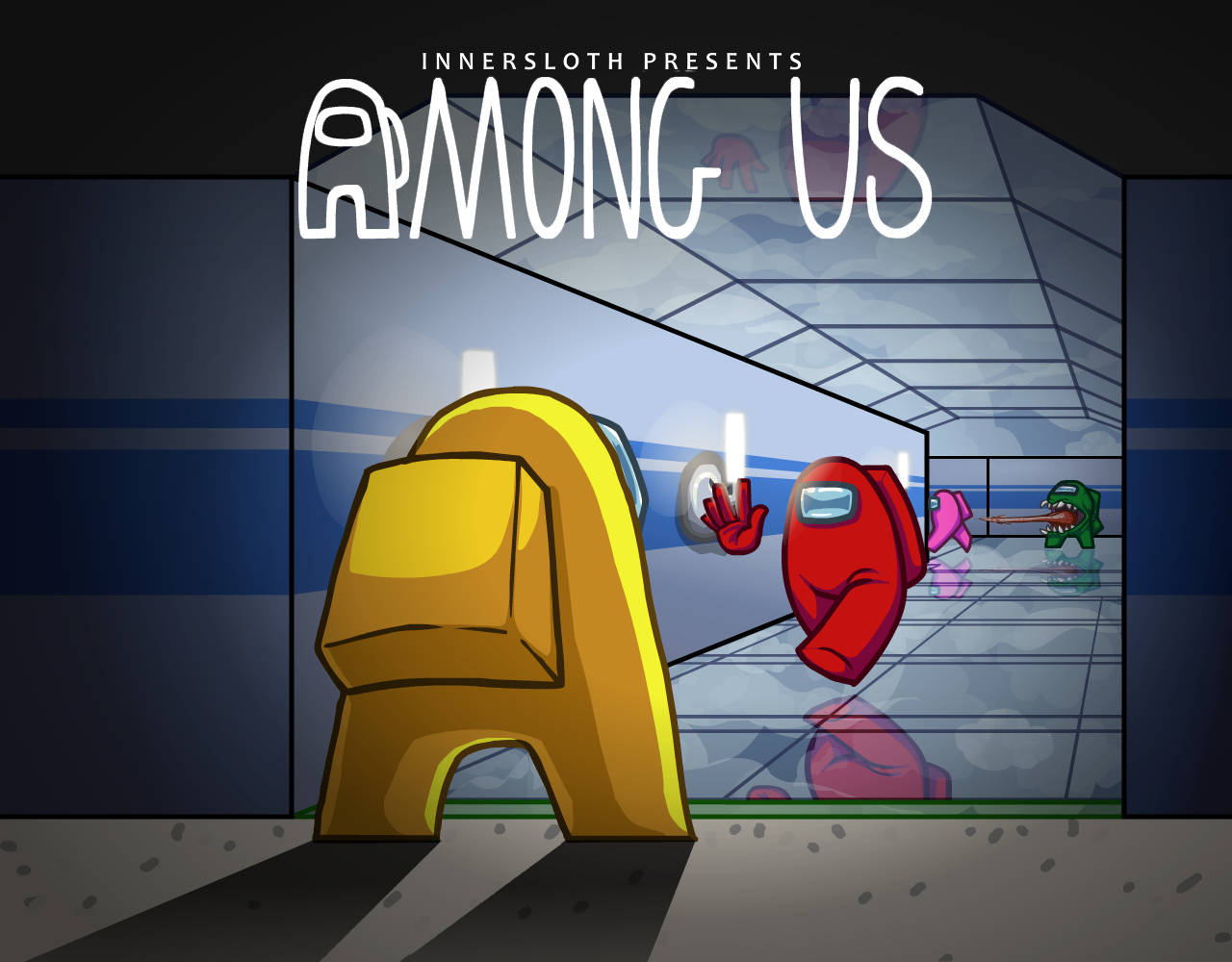 Among Us 遊戲場景：黃色船員、揮手的紅色船員，以及太空船走廊中的綠色冒充者。 — Among US 壁紙