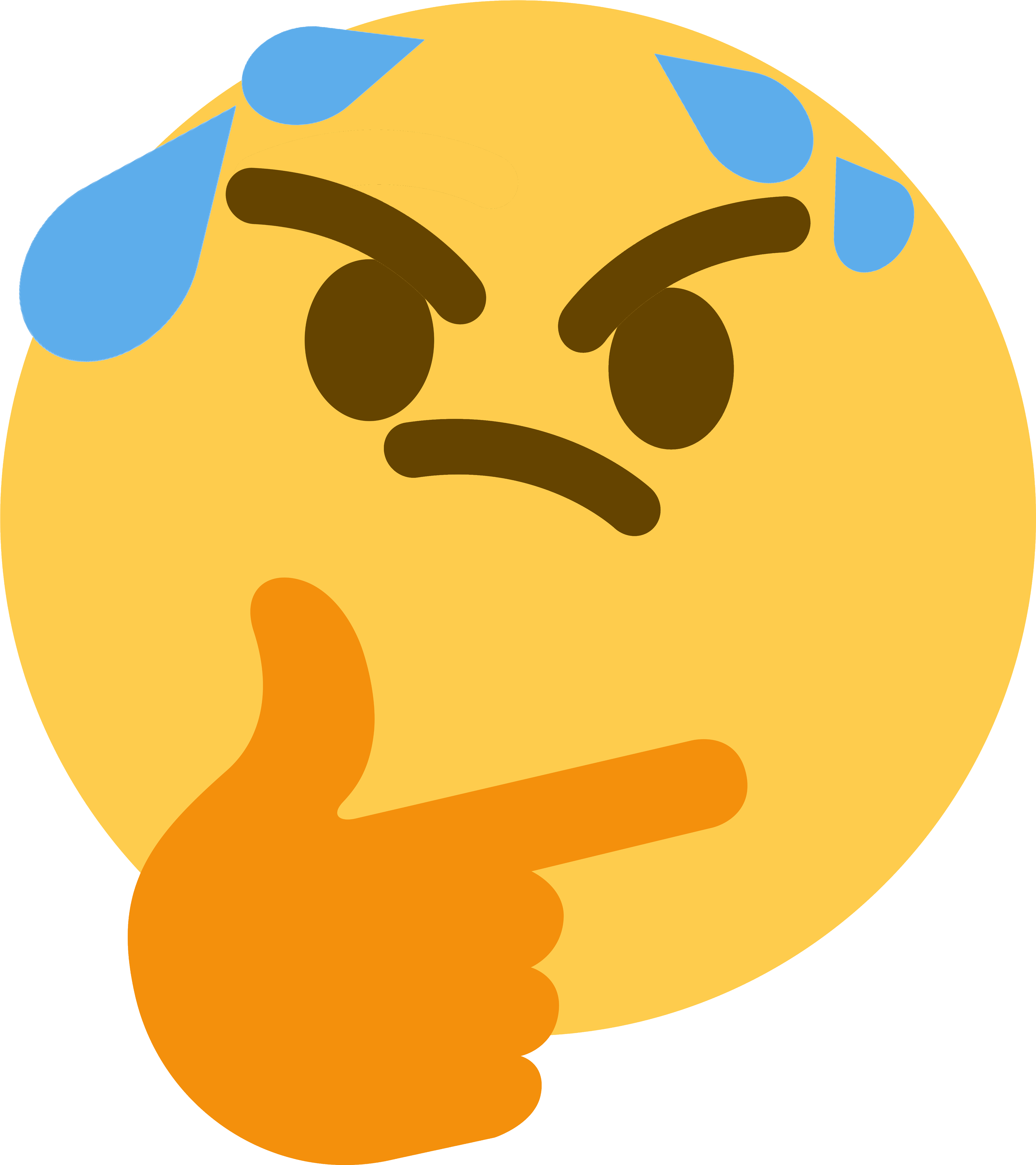 Emoji Discord 桌布 壁紙 — 一個黃色表情符號臉，帶有憤怒的眉毛和藍色汗滴，指責地向前伸出拇指。