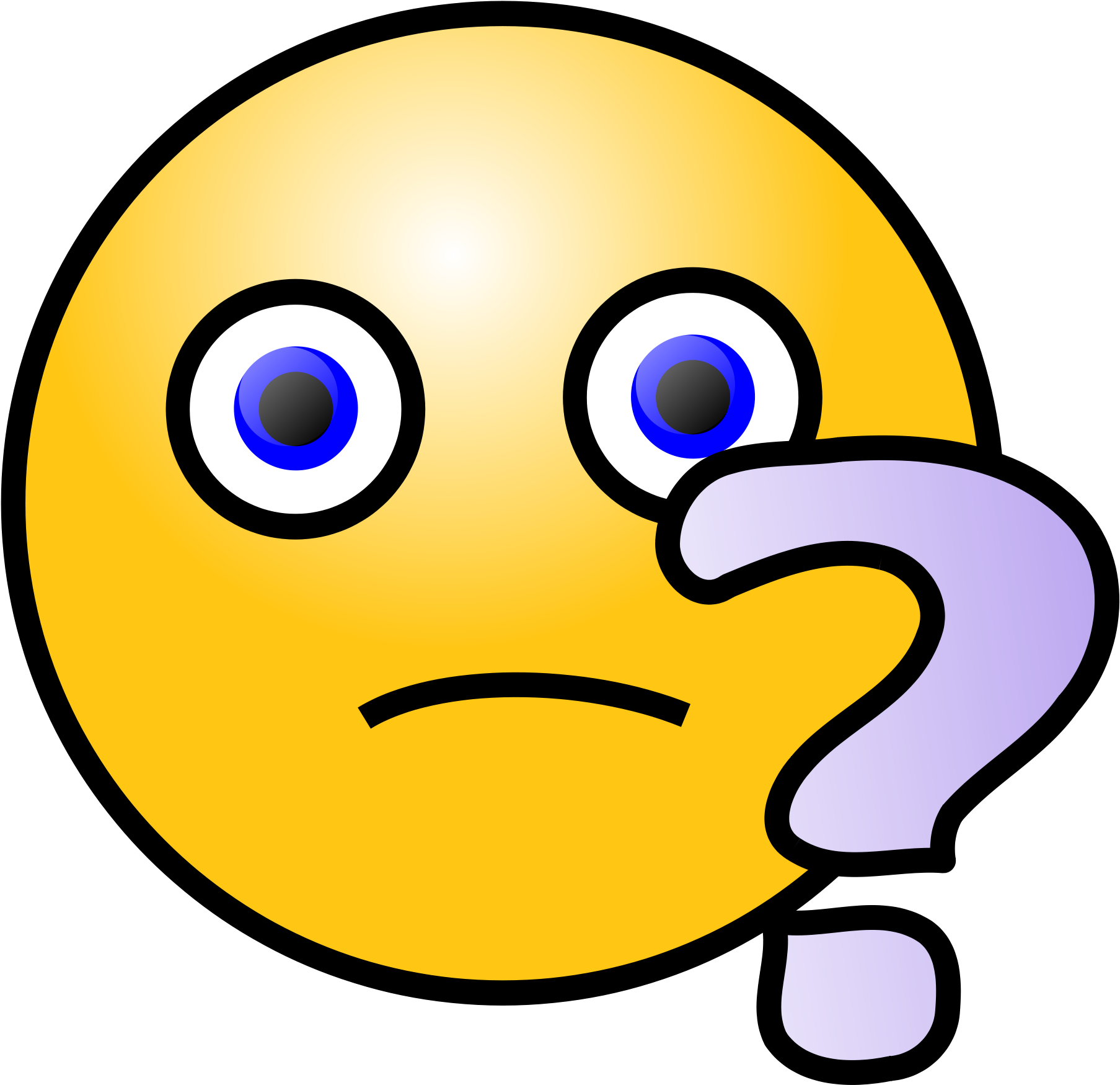 Questions 桌布 壁紙 — 一個黃色表情符號臉，有寬大的藍色眼睛和皺眉的嘴巴，在黑色背景上拿著一個紫色問號。