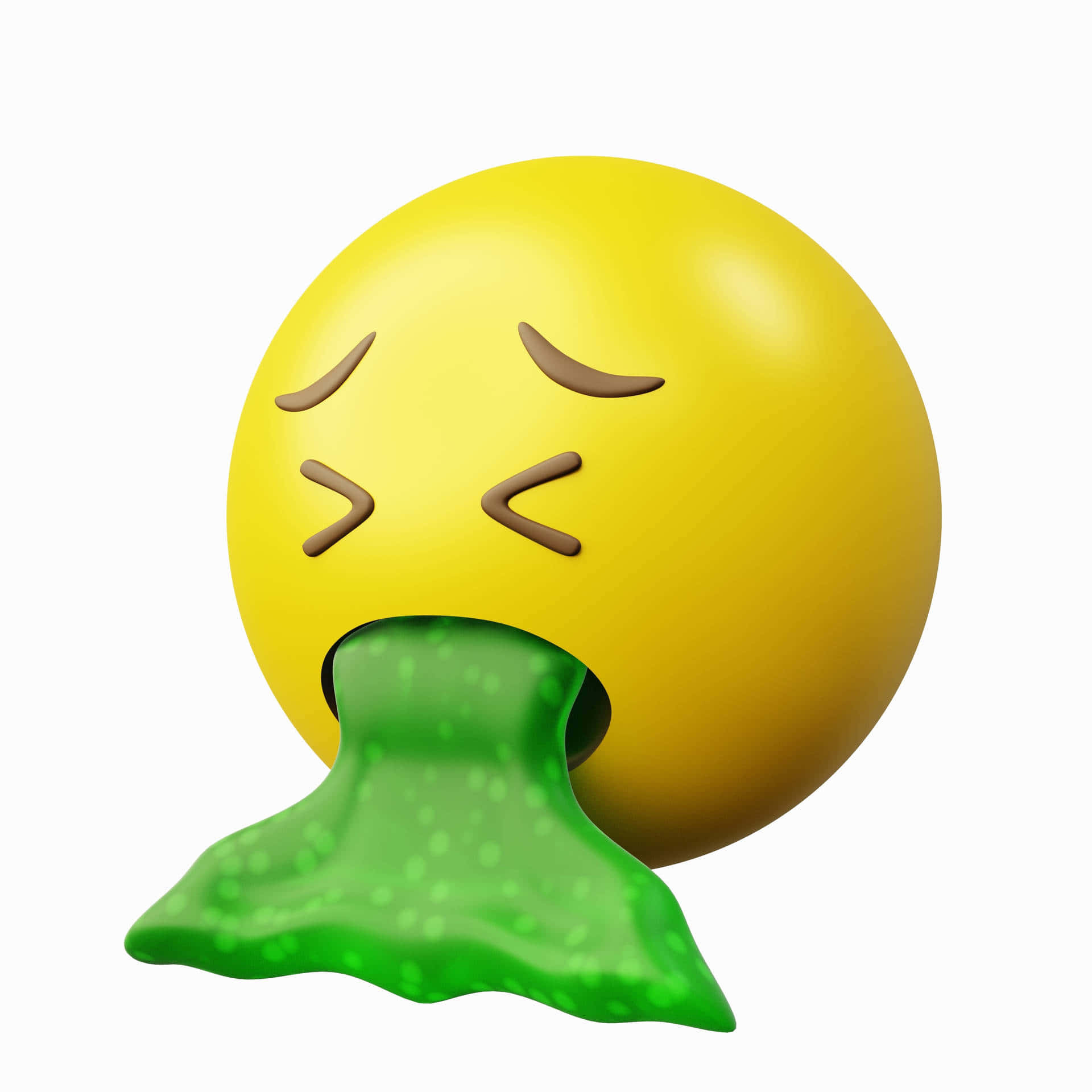 表情符號 桌布 壁紙 — 一個黃色表情符號臉，閉著眼睛在白色背景上嘔吐綠色黏液。