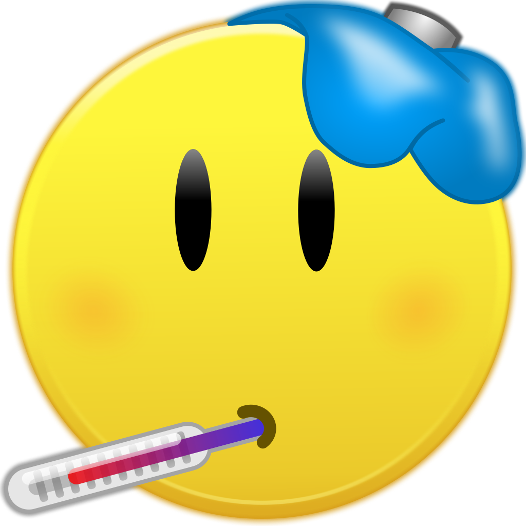 表情符號 桌布 壁紙 — 一個黃色表情符號臉，頭上放著藍色冰袋，嘴裡含著體溫計，表示發燒。