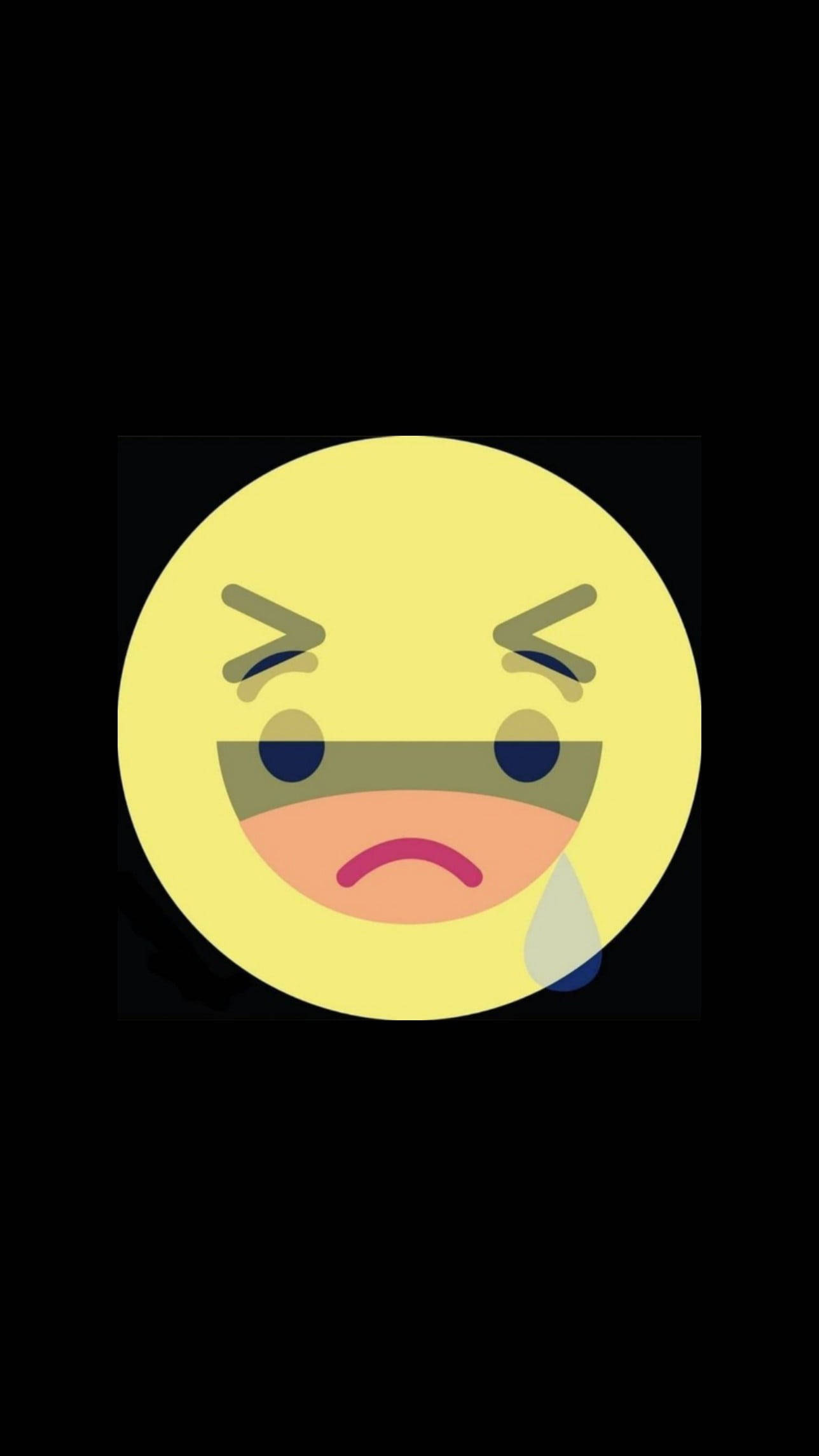 Sad Emoji 桌布 壁紙 — 一個黃色表情符號臉孔，帶有憤怒的眉毛和一滴淚水從臉頰滑落，背景為黑色。