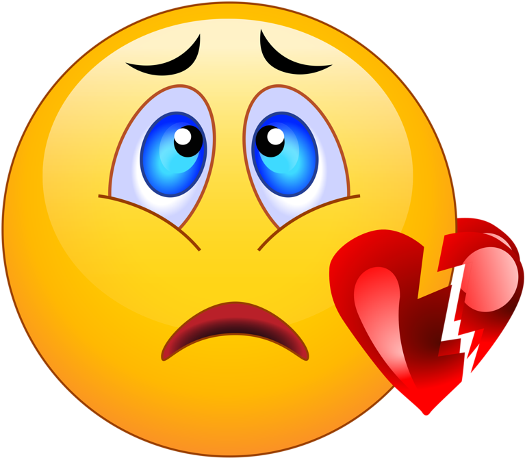 Emoticon 桌布 壁紙 — 一個黃色表情符號臉孔，帶有淚汪汪的藍色眼睛和皺眉的嘴巴，手持一個破碎的紅色心形。