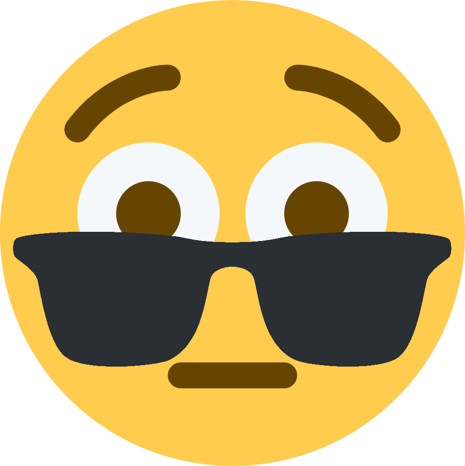 Emoji Discord 桌布 壁紙 — 一個黃色表情符號臉孔，有大眼睛和黑色太陽眼鏡遮住嘴巴。