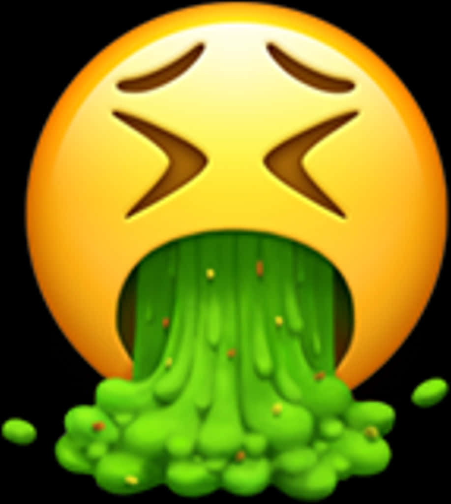 表情符號 桌布 壁紙 — 一個黃色表情符號臉孔，眼睛呈X形，在黑色背景上嘔吐出亮綠色黏液。