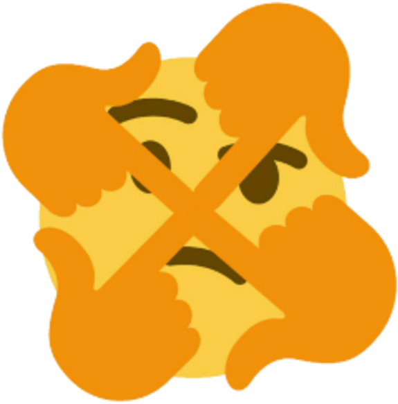 Emoji Discord 桌布 壁紙 — 一個黃色表情符號臉孔帶有悲傷表情，被兩隻橙色手遮住眼睛並打上叉叉。