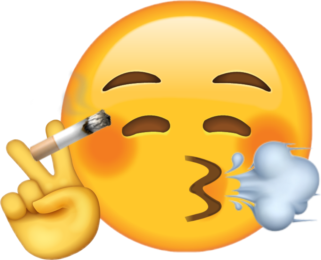 Cigar Smoke 桌布 壁紙 — 一個黃色表情符號臉眨眼並吹出煙圈，同時拿著點燃的香煙並做出和平手勢。