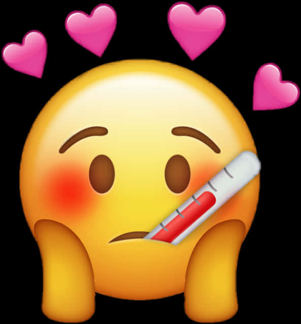 Love Emoji 桌布 壁紙 — 一個黃色表情符號臉頰泛紅，手持紅色溫度計，周圍漂浮著粉紅色愛心，背景為黑色。