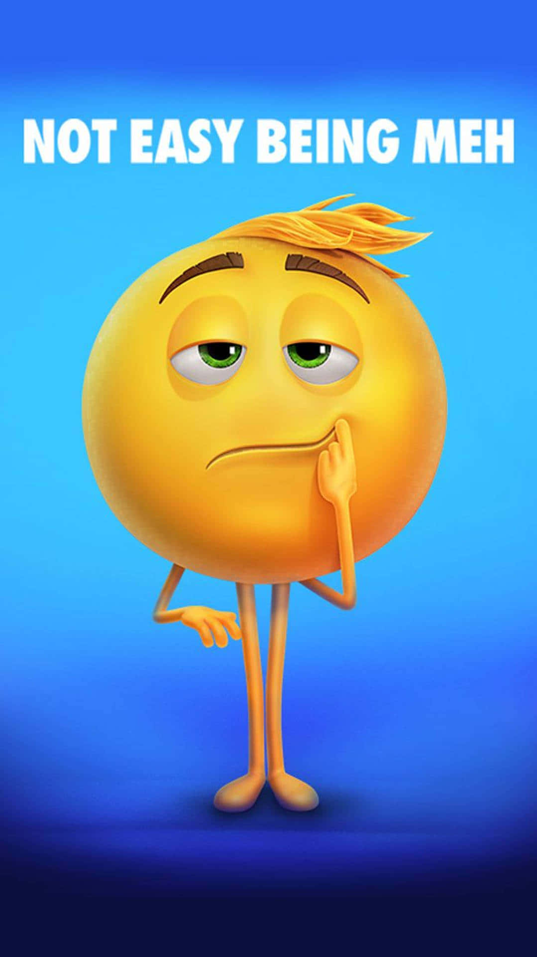 meh 桌布 壁紙 — 一個黃色表情符號角色，眼睛疲倦，表情無聊，站在藍色漸變背景上，上面有文字 'NOT EASY BEING MEH'。