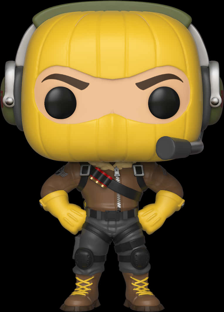 Fortnite Character 桌布 壁紙 — 一個黃色頭的Funko Pop公仔戴著耳機和戰術裝備，自信地站在黑色背景前。