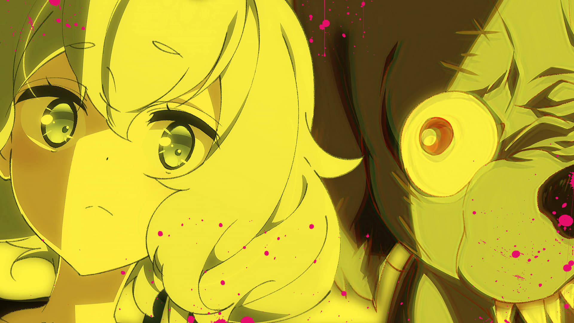 zombie land saga 桌布 壁紙 — 一個黃色頭髮、綠色眼睛的動漫女孩特寫，凝視著旁邊一個風格化的黃色生物，該生物有一隻發光的眼睛。