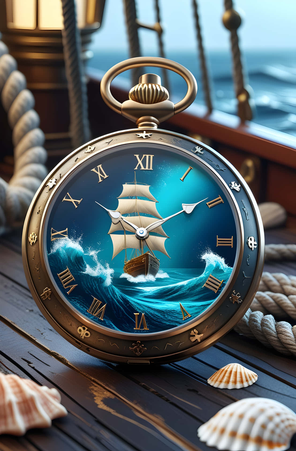 Chronometer of the Deep 壁紙 — 一個黃銅懷錶，上面有帆船在洶湧的藍色波浪上，放在木甲板上，旁邊有盤繞的繩索和貝殼。