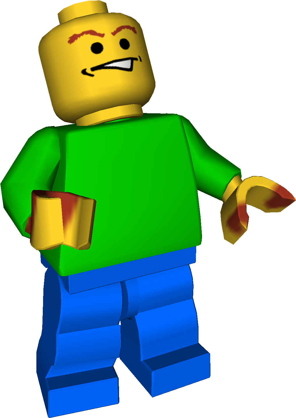Animation 桌布 壁紙 — 一個黃頭LEGO人偶，表情不悅，穿著綠色襯衫和藍色褲子，背景為黑色。
