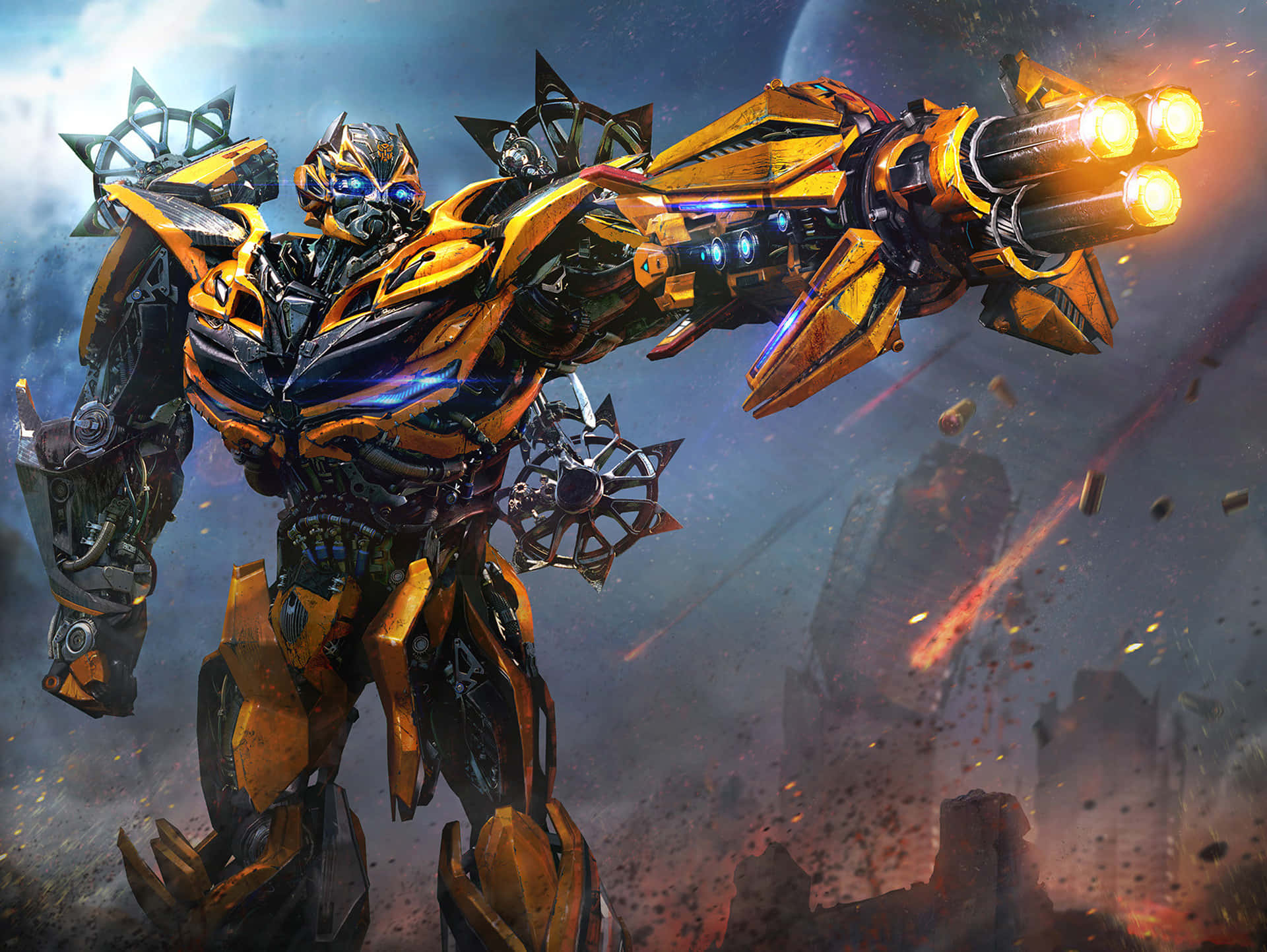 Bumblebee 桌布 壁紙 — 一個黃黑相間的機器人戰士在暴風雨天空下的破碎戰場上發射發光的大砲。