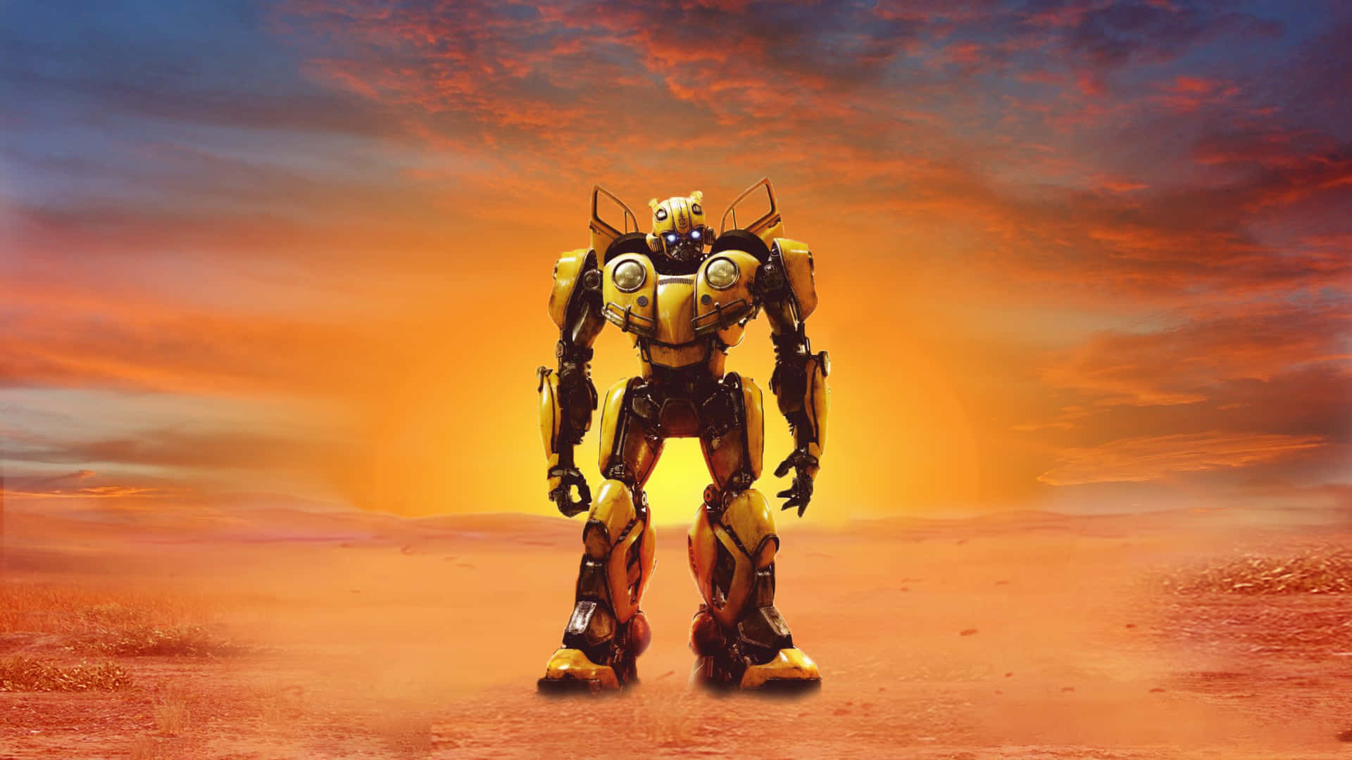 Bumblebee 桌布 壁紙 — 一個黃黑相間的機器人英雄般地站在沙漠中，夕陽西下，上方有火紅的橙色和紅色雲彩。