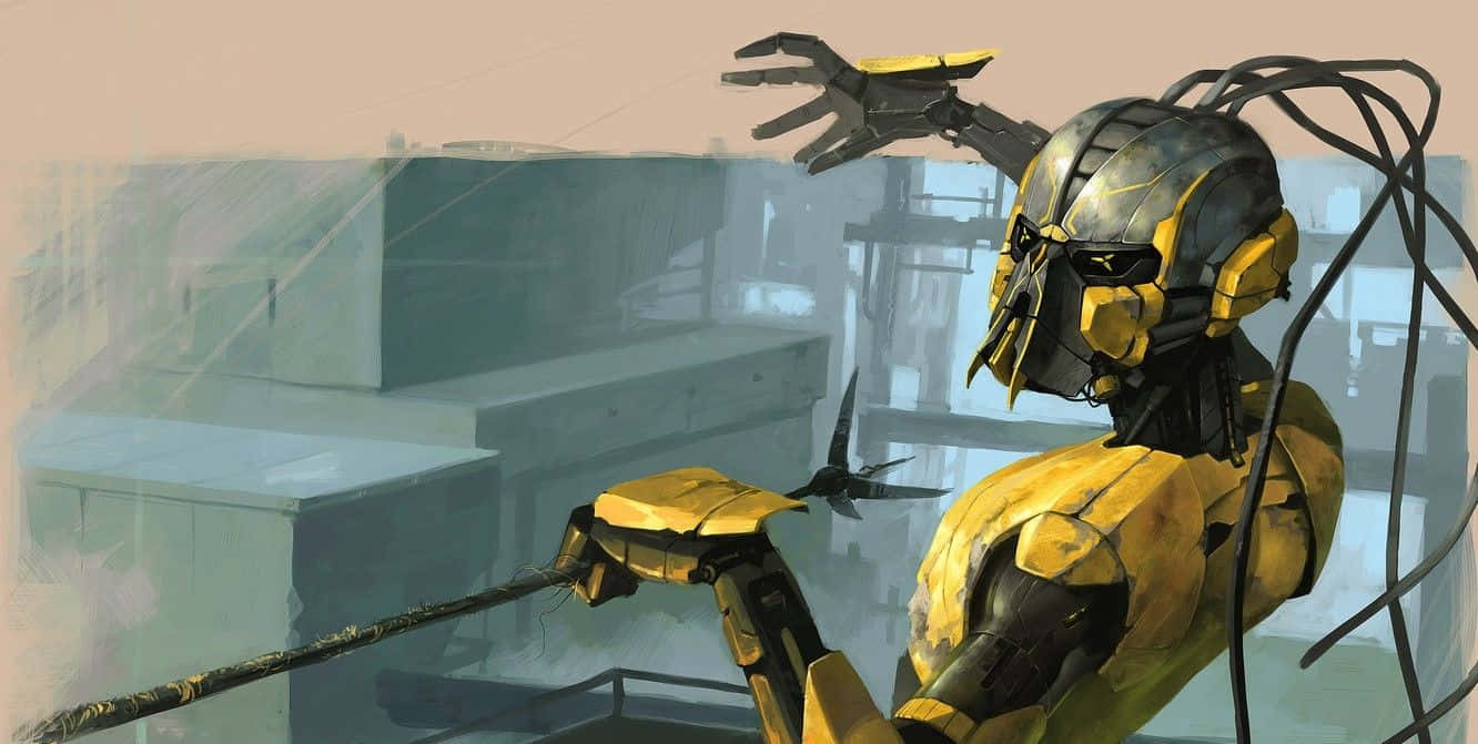 Mortal Kombat Cyrax 桌布 壁紙 — 一個黃黑色裝甲機器人站在屋頂上，手持一根杖，附近有一隻鳥在飛翔。