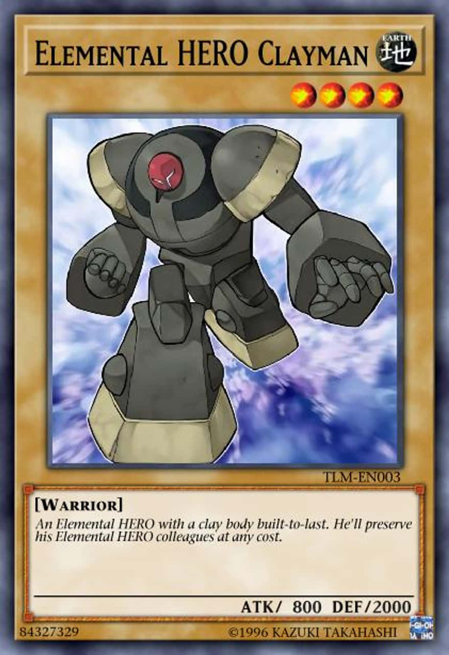 Yugioh Elemental Hero 桌布 壁紙 — 一個黏土身體的元素英雄黏土人，以動態姿勢站在旋轉的藍色和紫色天空背景下。