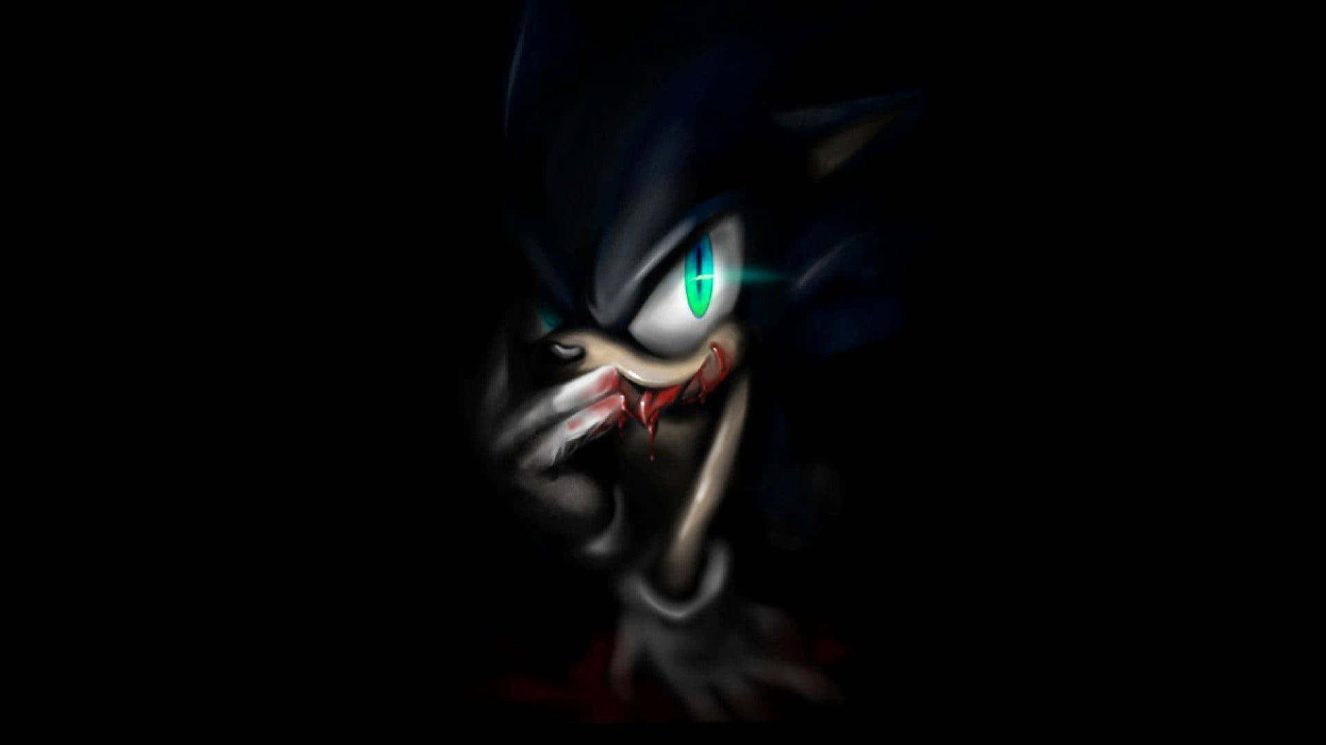 Sonic Art 桌布 壁紙 — 一個黑暗且具威脅性的超音鼠，擁有發光的綠色眼睛，嘴巴滴著血，背景為黑色。