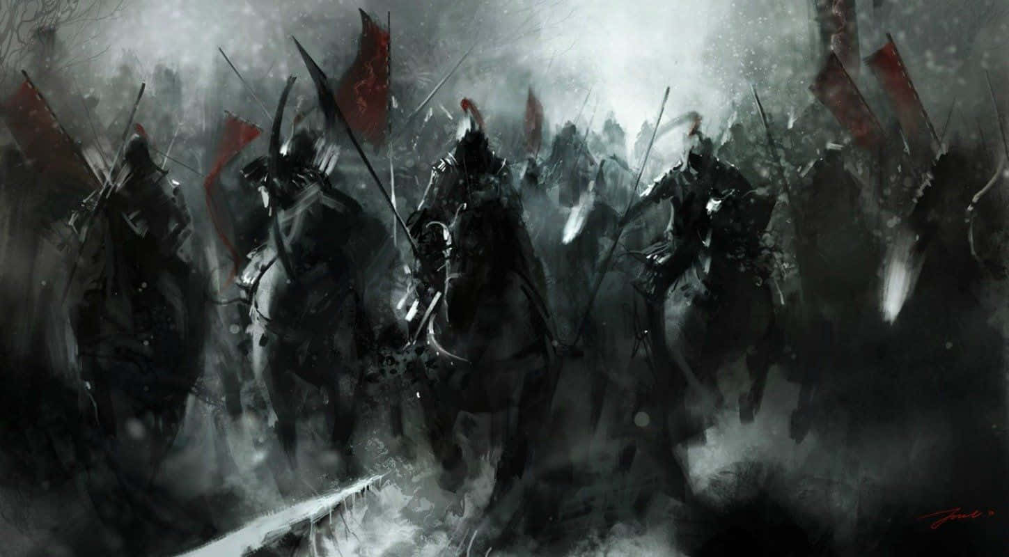 Warrior HD 桌布 壁紙 — 一個黑暗且風暴肆虐的戰場，身穿鎧甲的騎士騎著馬，手持紅色旗幟在風中飄揚，向前衝鋒。