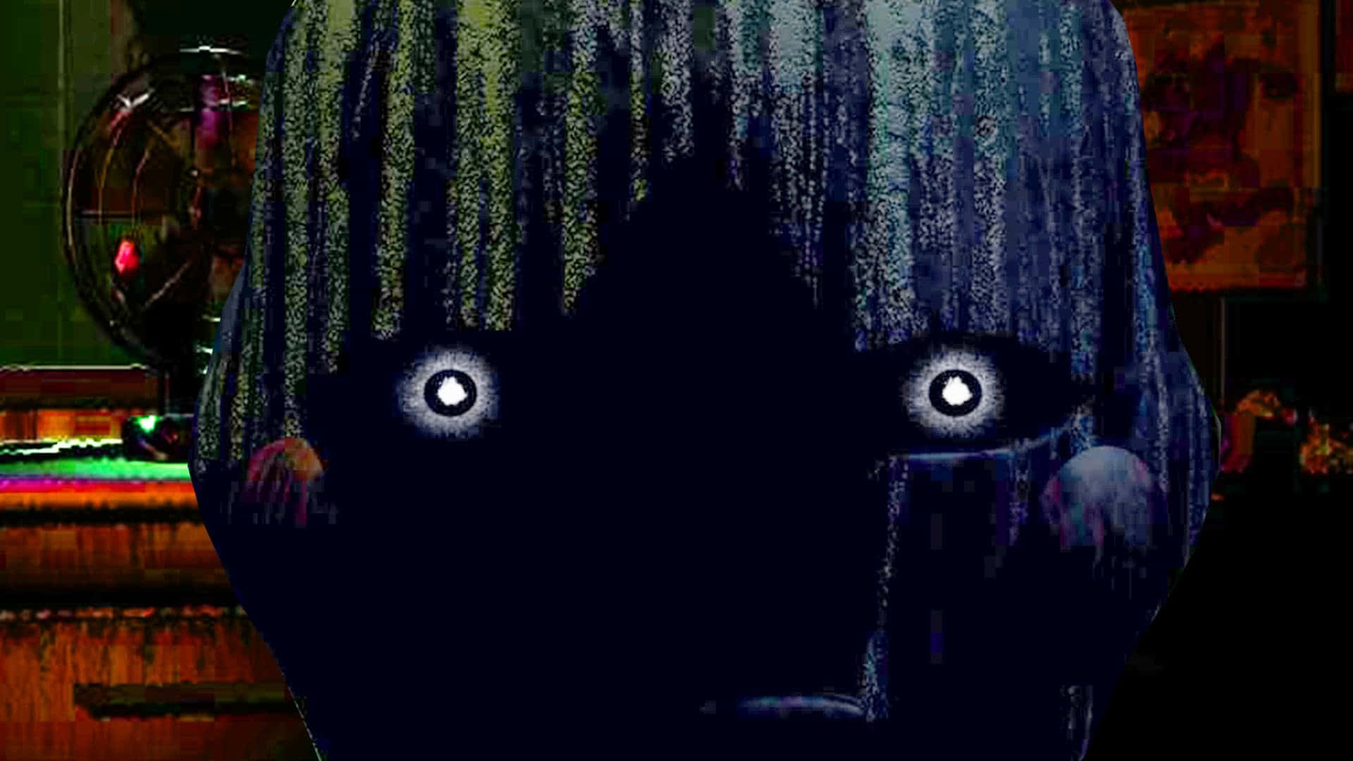 Fnaf Jumpscare 桌布 壁紙 — 一個黑暗像素化的恐怖角色，在帶有霓虹燈裝飾的昏暗房間中，用發光的白色眼睛凝視著。