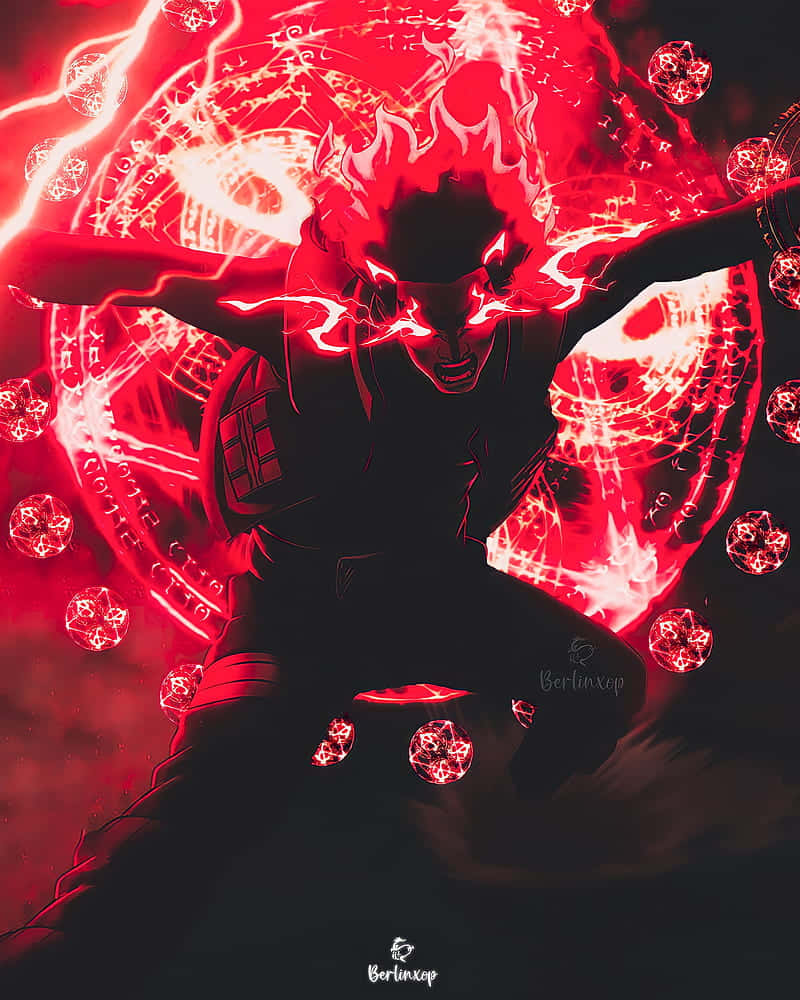 Might Guy 桌布 壁紙 — 一個黑暗剪影的人物，擁有發光的紅色眼睛和周圍劈啪作響的能量，被漂浮的紅色幾何球體和神秘符號包圍。