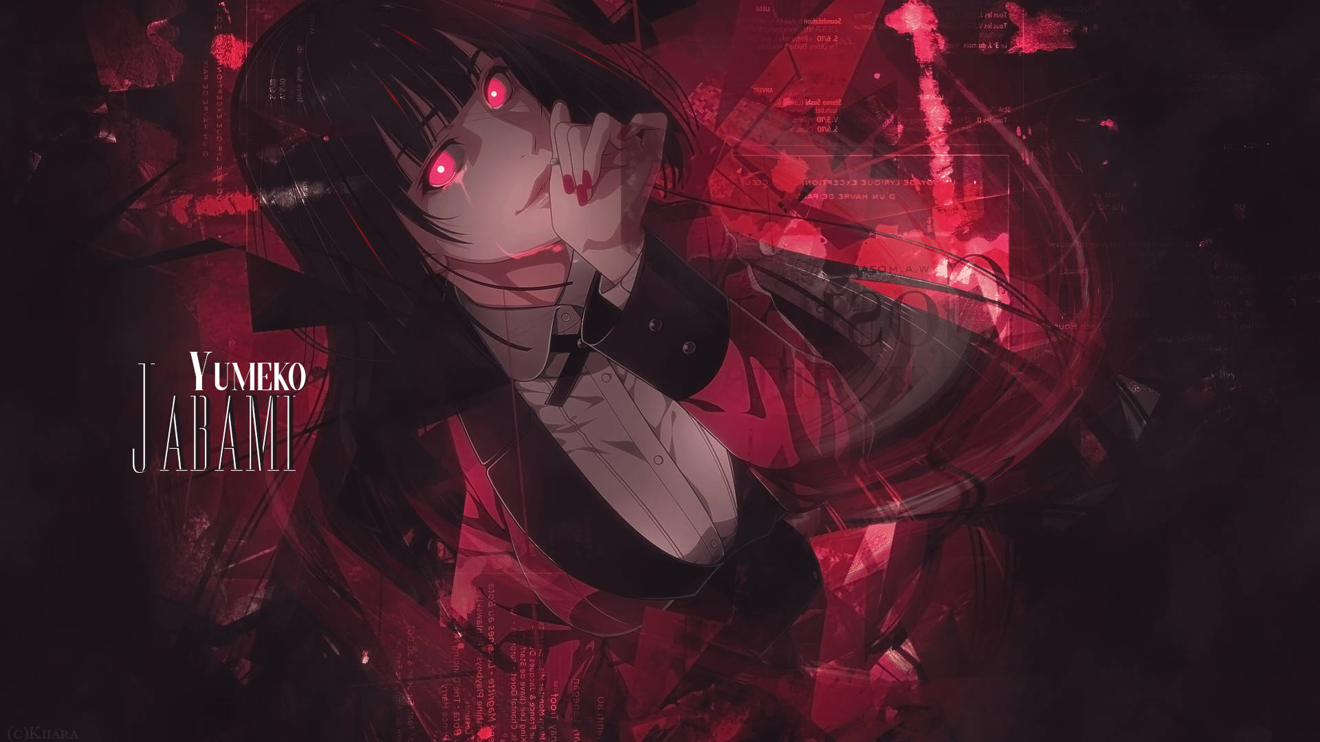 Kakegurui 桌布 壁紙 — 一個黑暗動漫女孩，擁有發光的紅眼睛和黑髮，在破碎的紅色和黑色數位背景前擺姿勢。