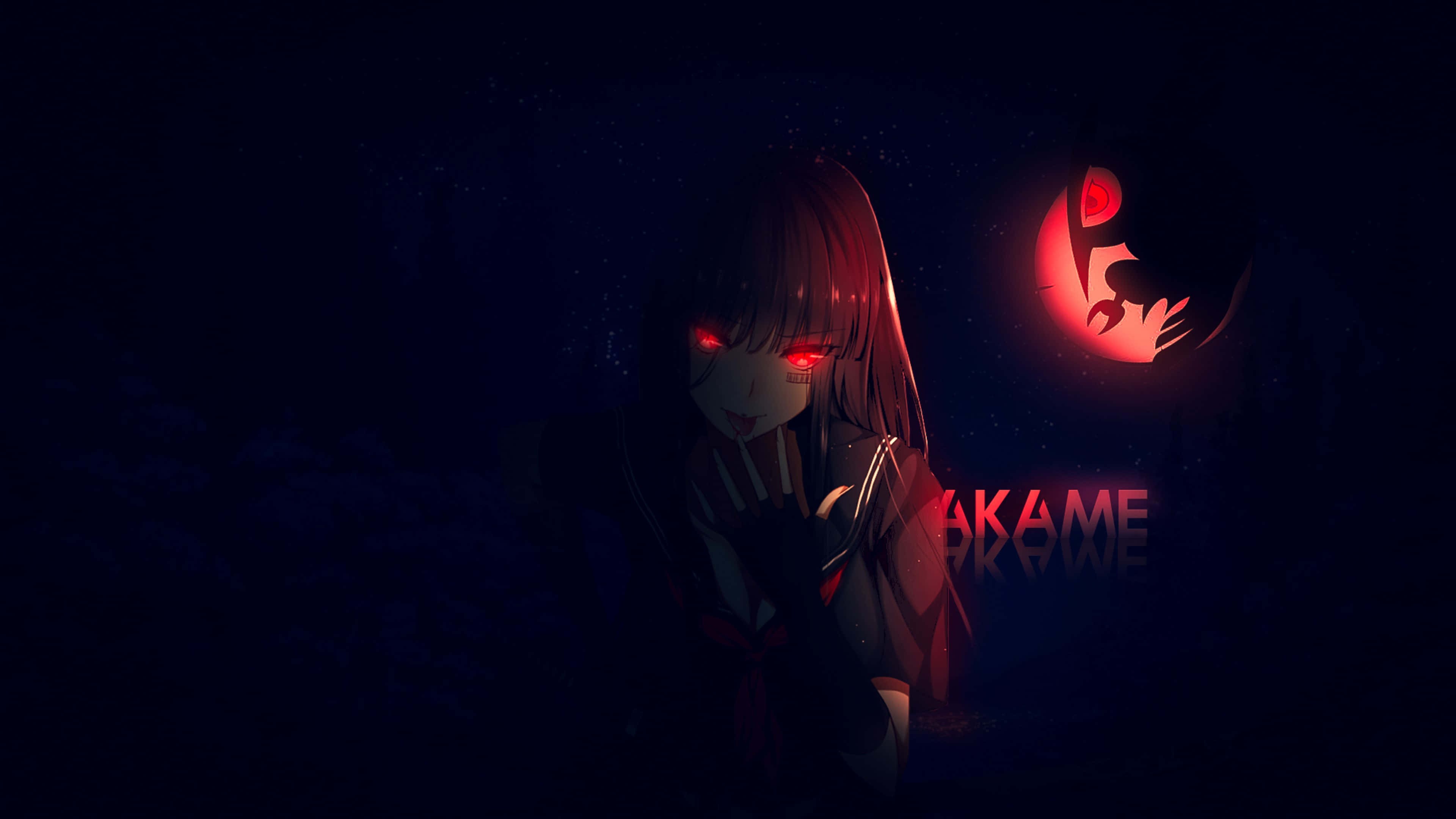 Akame Ga Kill 4K 桌布 壁紙 — 一個黑暗動漫女孩，擁有發光的紅色眼睛，站在一個帶有臉部剪影和下方發光「AKAME」字樣的紅色月亮下。