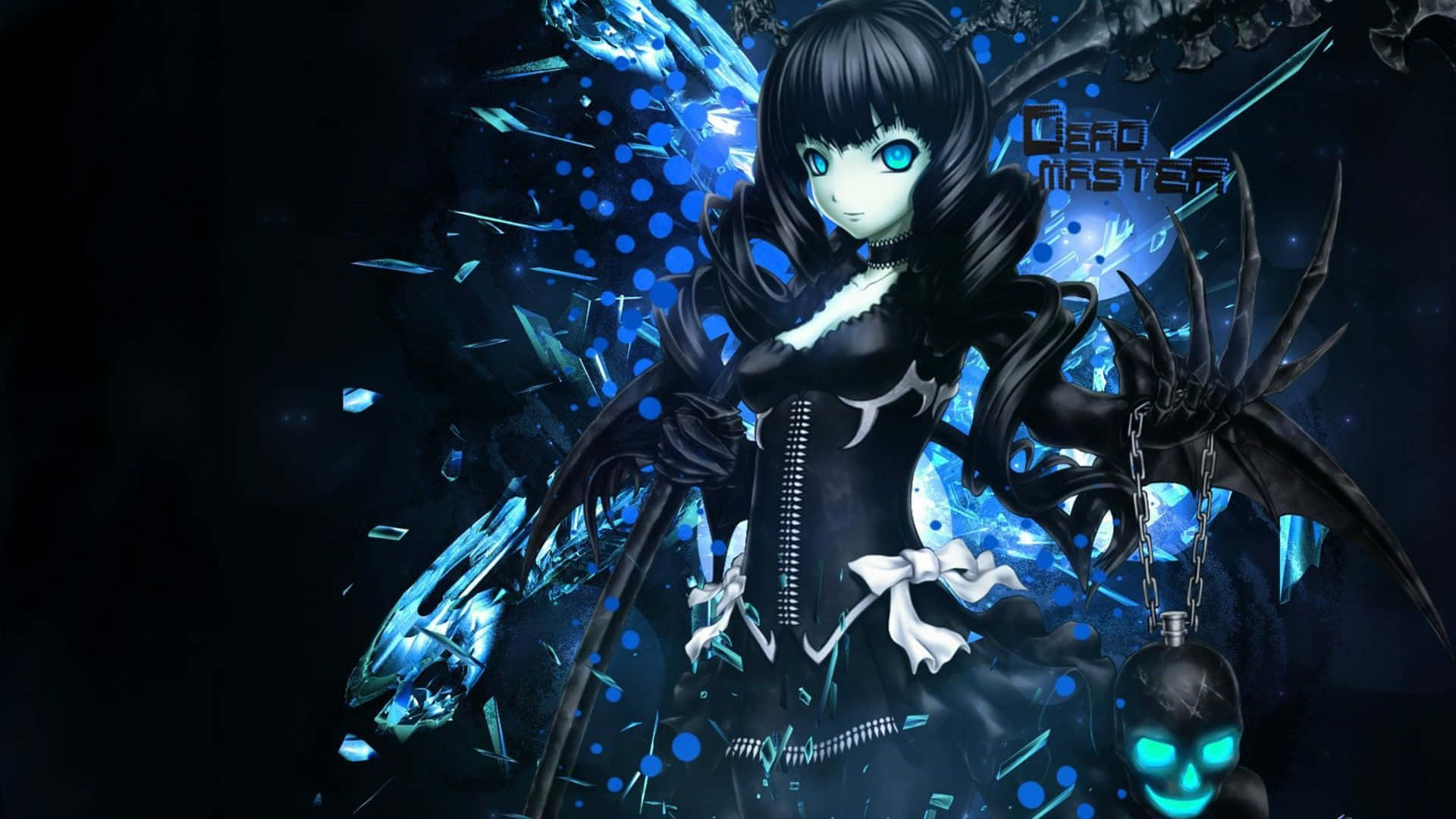 Dark Anime Girl 桌布 壁紙 — 一個黑暗動漫女孩，擁有發光的藍色眼睛和黑色翅膀，站在破碎的藍色玻璃和漂浮的頭骨之間。