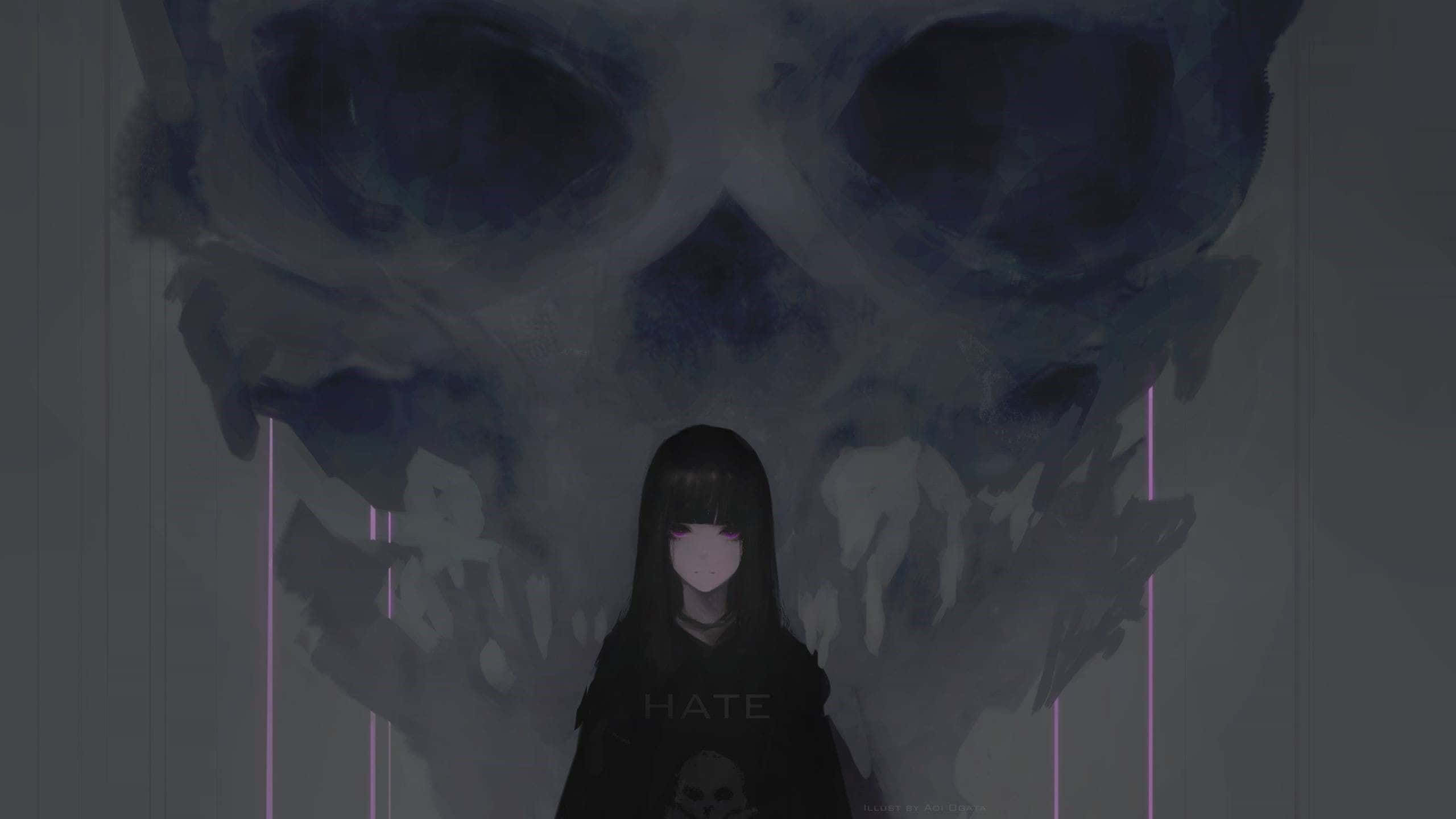 桌布 壁紙 — 一個黑暗動漫女孩，眼睛發光，站在一個 looming 的骷髏陰影前，營造出陰鬱的數位藝術場景。