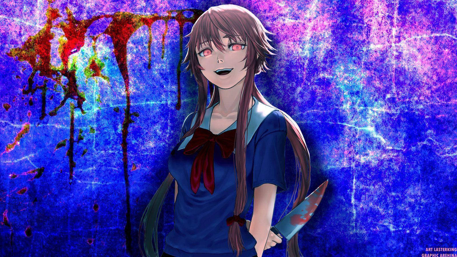 Yuno 桌布 壁紙 — 一個黑暗動漫女孩，紅眼睛，手持血淋淋的刀，站在充滿活力的藍色和紫色潑濺牆前。