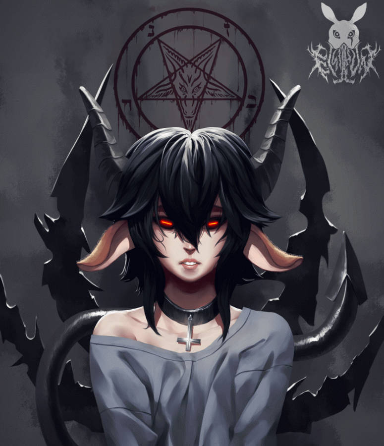 demon boy anime 桌布 壁紙 — 一個黑暗動漫女孩，長著黑色角、紅色眼睛，戴著十字架項鍊，站在五角星符號前。