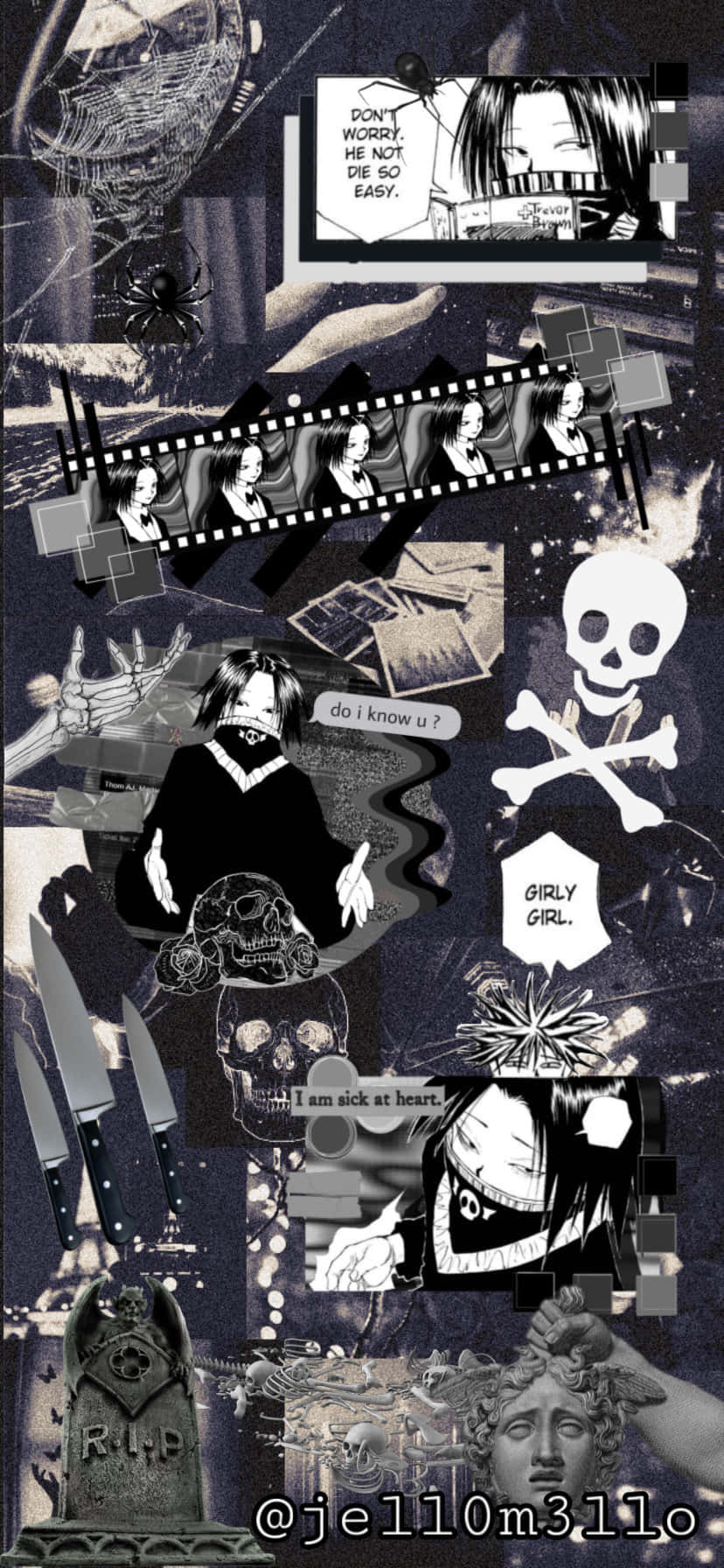 Feitan 桌布 壁紙 — 一個黑暗動漫拼貼畫，以骷髏頭、刀、膠片條和帶有陰險對話的漫畫面板為特色，背景為紋理紫色。