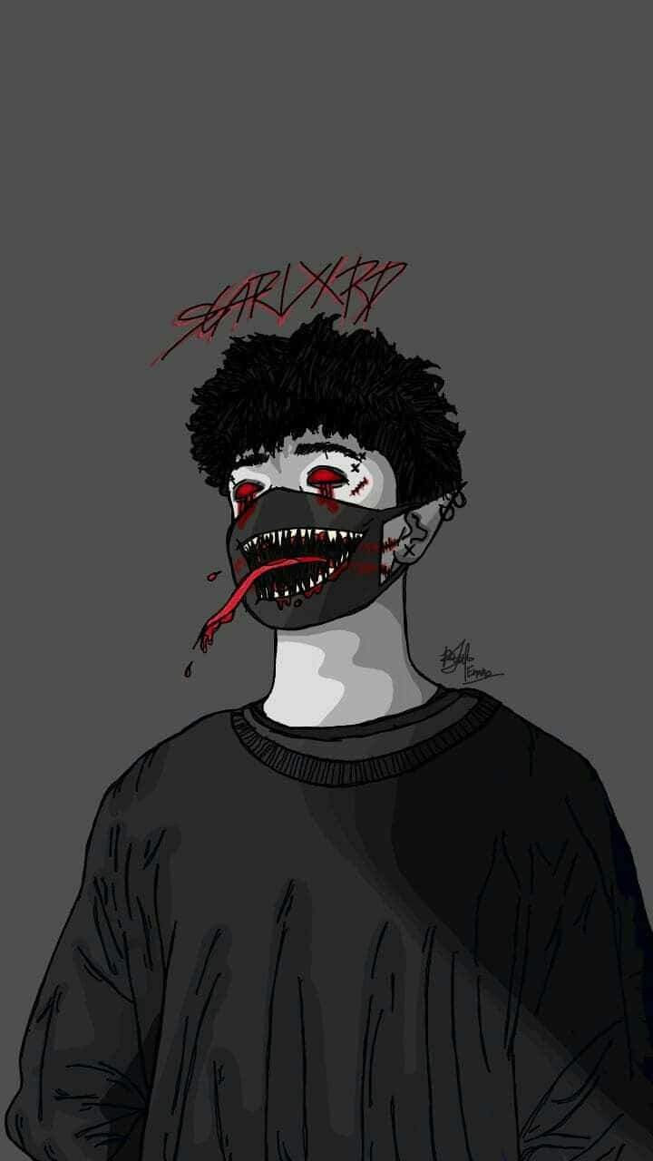 grayscale 桌布 壁紙 — 一個黑暗動漫風格插圖，描繪一個人戴著怪誕面具，露出尖銳牙齒，嘴巴滴著血。