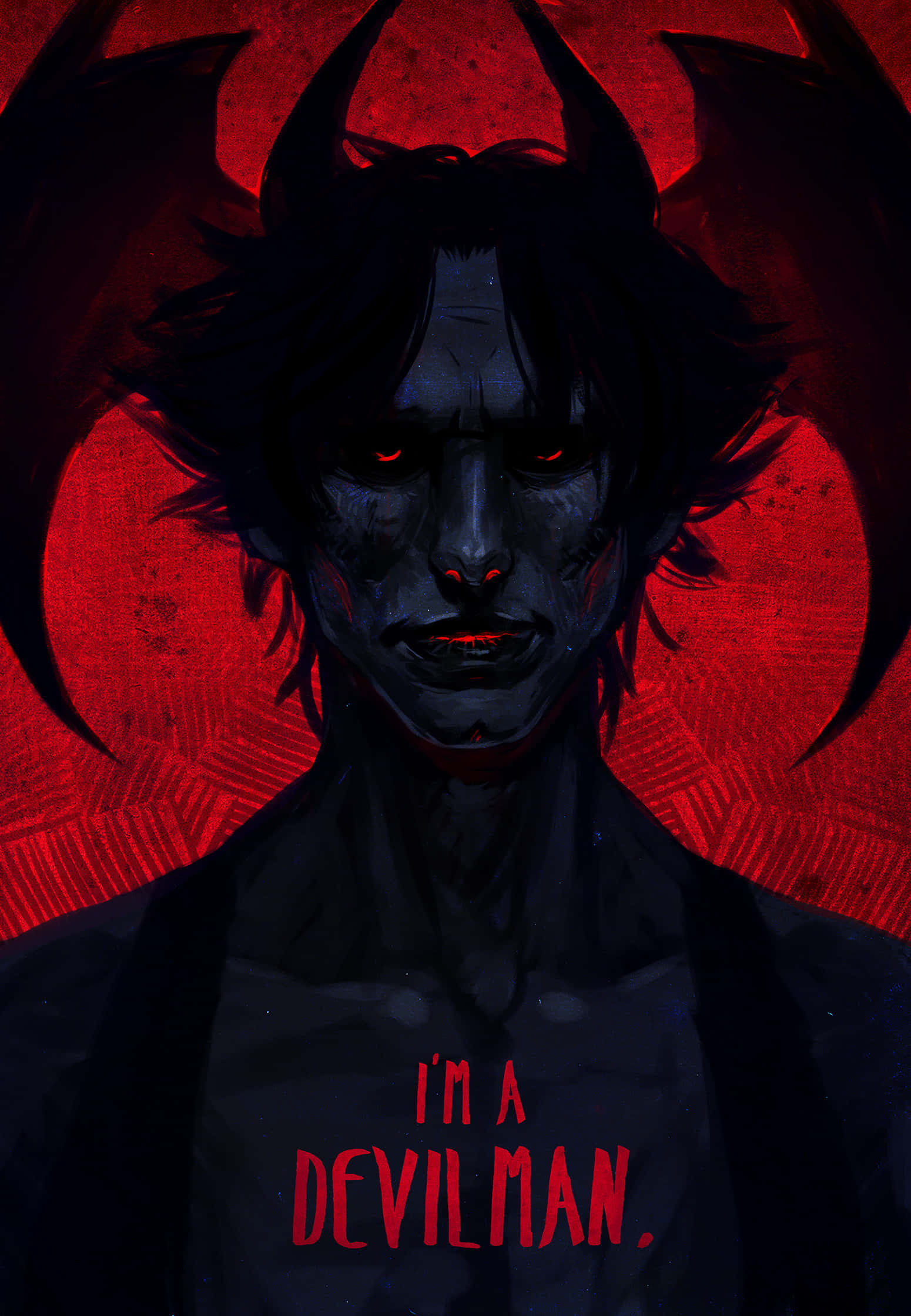 Devilman Crybaby 桌布 壁紙 — 一個黑暗動漫風格的惡魔，擁有發光的紅色眼睛和角，在帶有紋理的紅色背景上強烈凝視，文字寫著「I'M A DEVILMAN。」