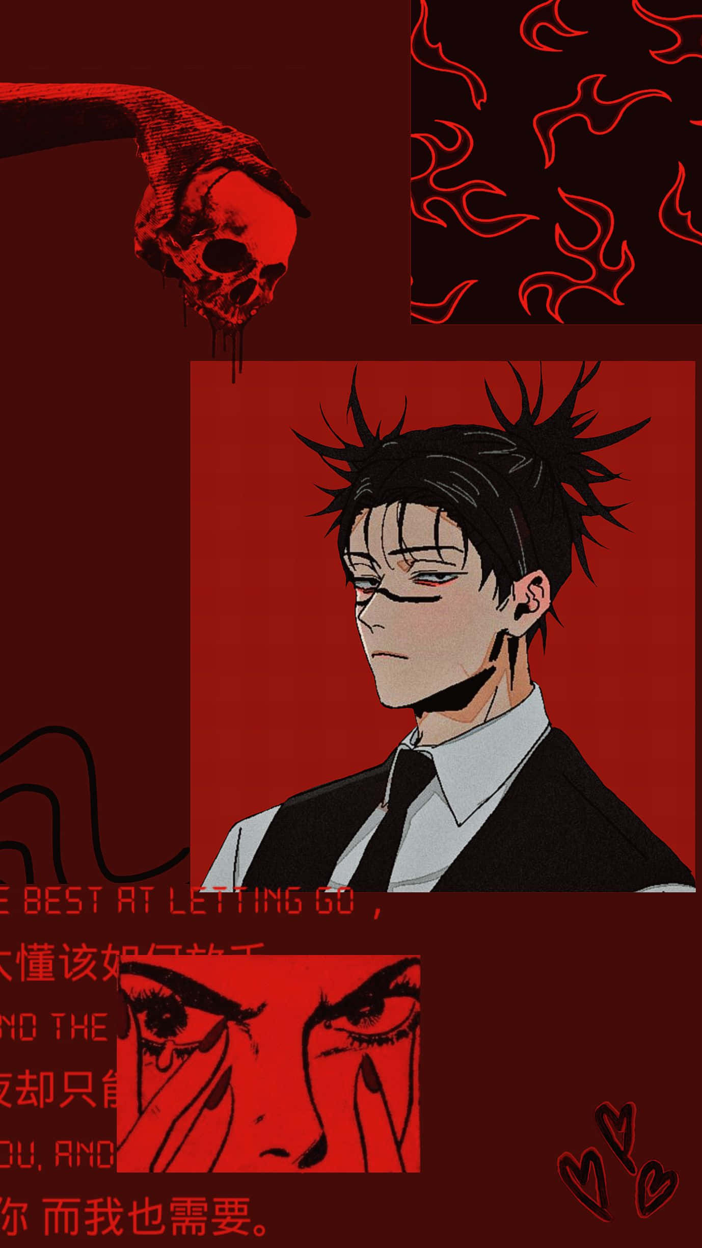 Red And Black Anime 桌布 壁紙 — 一個黑暗動漫風格肖像，穿著西裝、頭髮尖刺的男人，背景是血紅色，帶有骷髏和火焰圖案。