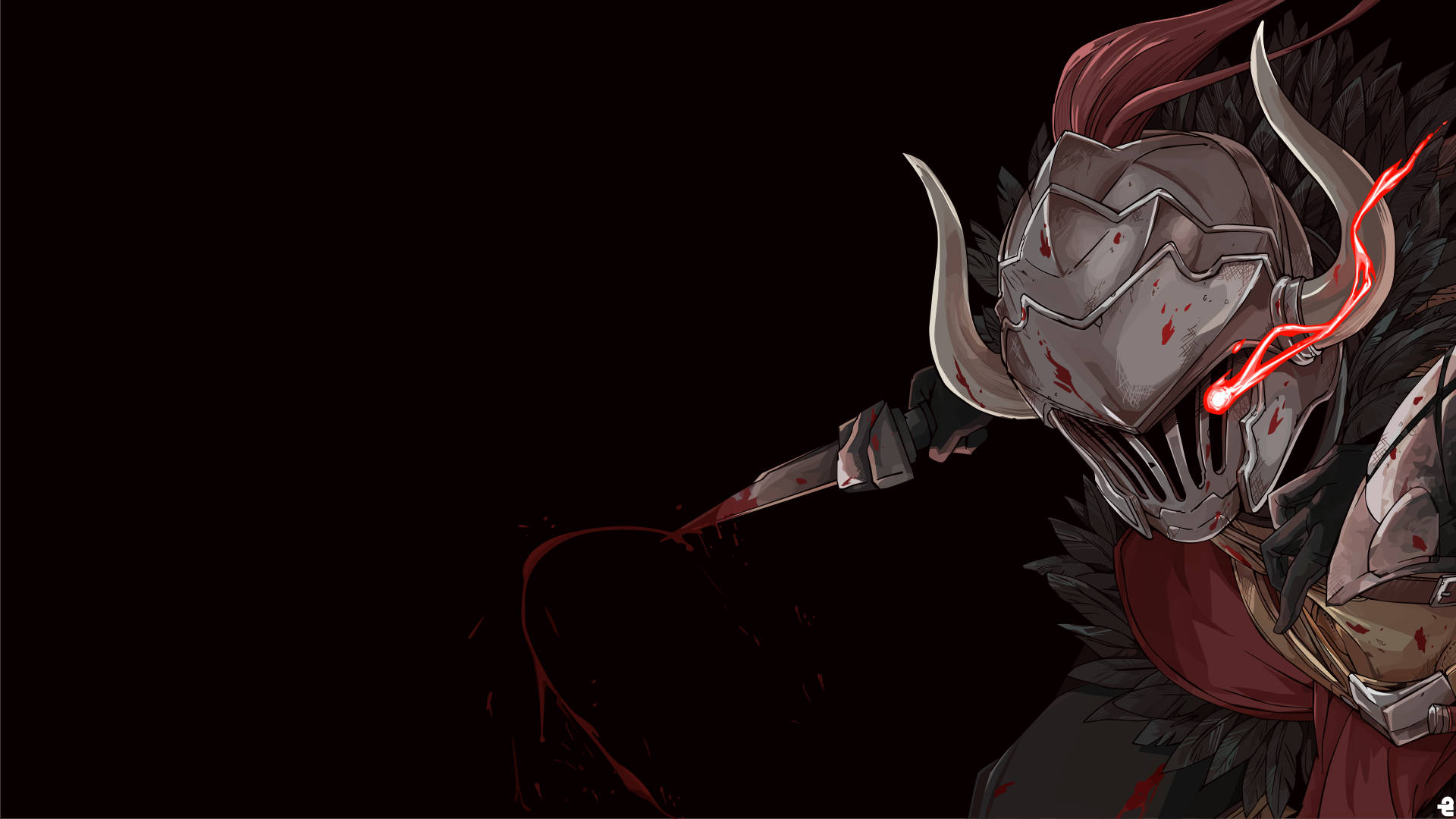 Goblin Slayer 桌布 壁紙 — 一個黑暗動漫騎士，身穿有角盔甲，眼睛發出紅光，帶有血跡，在黑色背景前揮舞劍。
