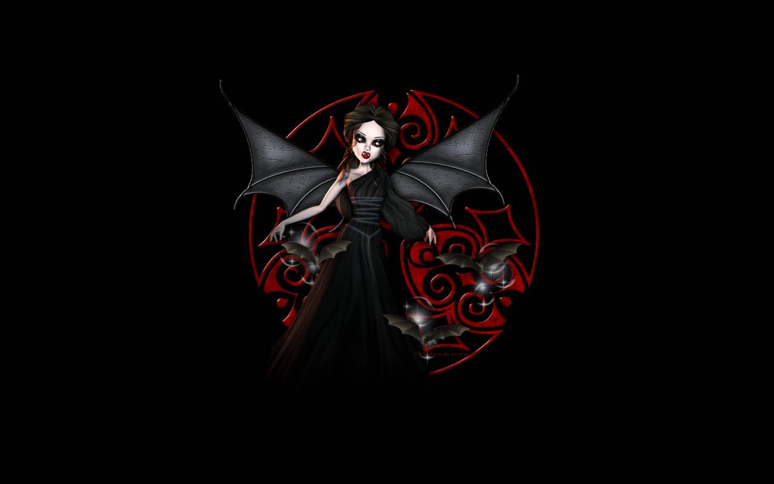 Goth 桌布 壁紙 — 一個黑暗哥德式仙女，擁有黑色翅膀和紅色漩渦，站在黑色背景前，周圍環繞著蝙蝠。