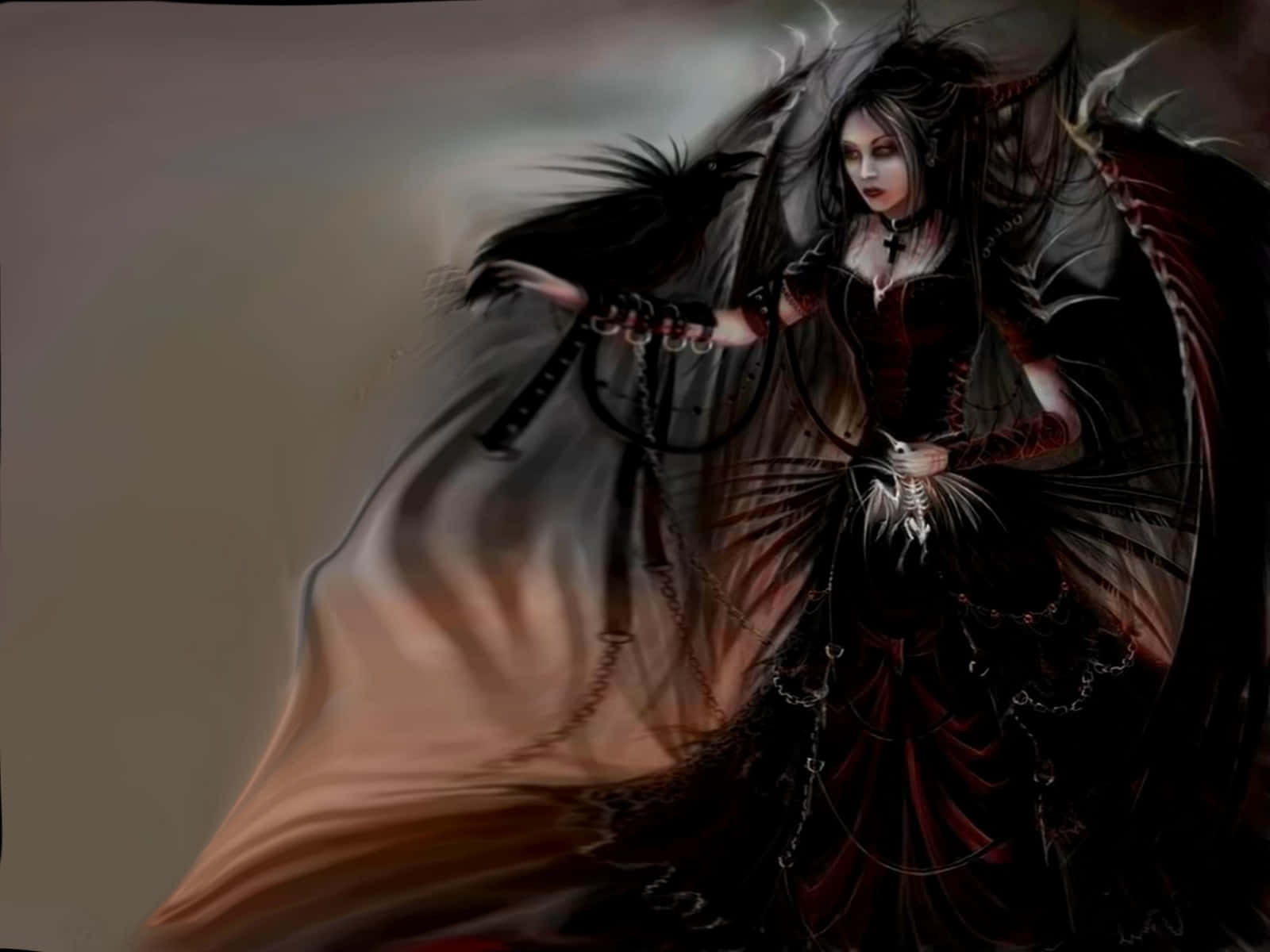 Evil Fairy 桌布 壁紙 — 一個黑暗哥德式女人，擁有黑色翅膀和一隻烏鴉，在柔和的灰色背景前拿著鎖鏈。